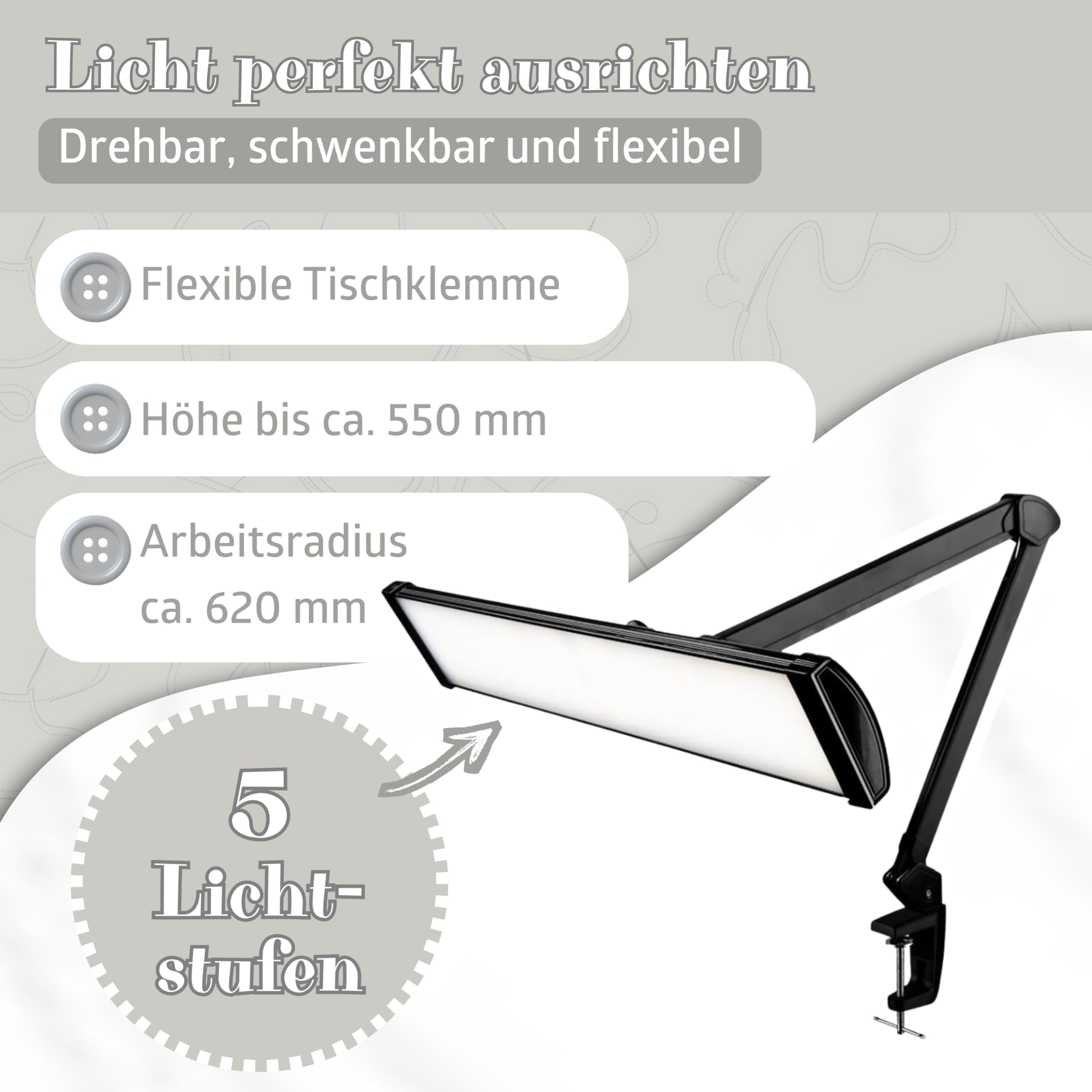 SEMPLIX LED Arbeits-Tischlampe mit 540 LEDs – dimmbar & augenschonend – 5 Lichtstufen – flexibel dreh- & schwenkbar – mit Tischklemme