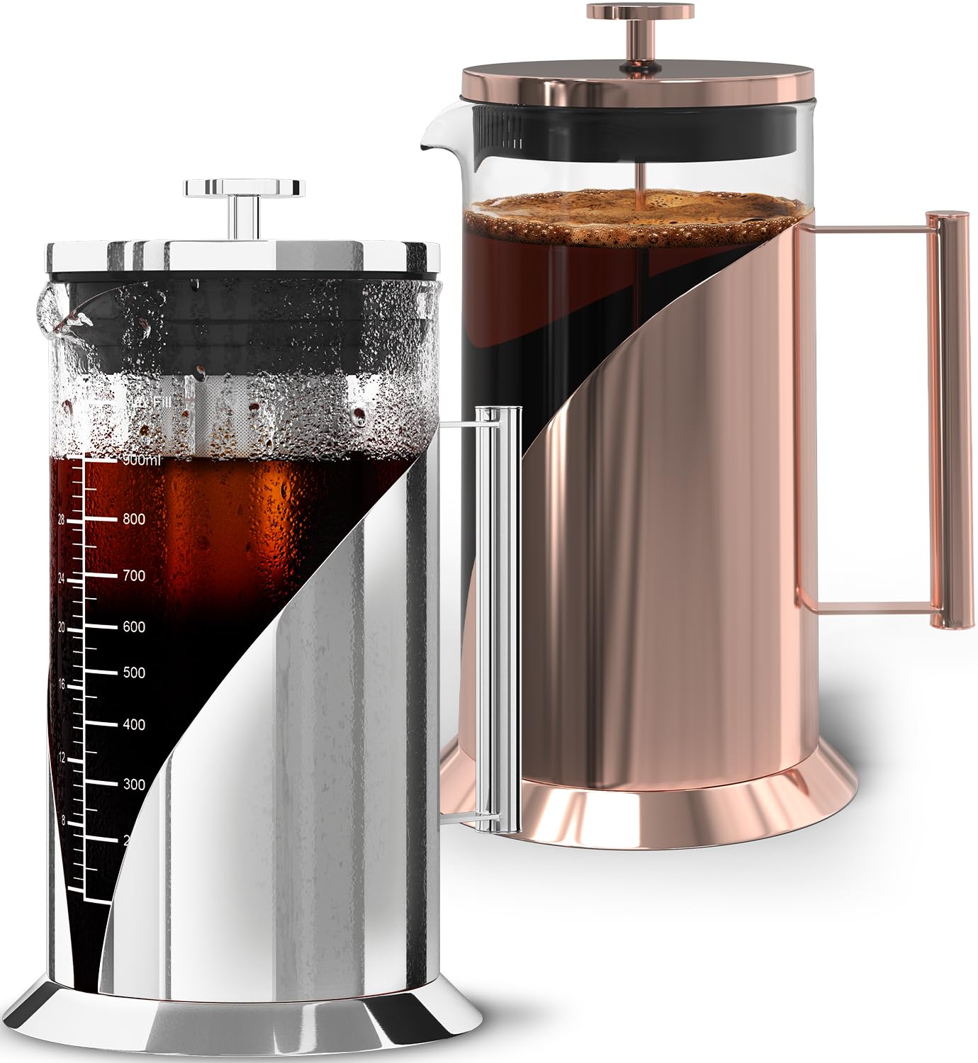 Cafe Du Chateau French Press & Cold Brew Coffee Maker - Air Tight Seal, Measuring Label, Stainless Steel Construction - Use for Your Daily Brew - Iced Coffee & Tea Maker