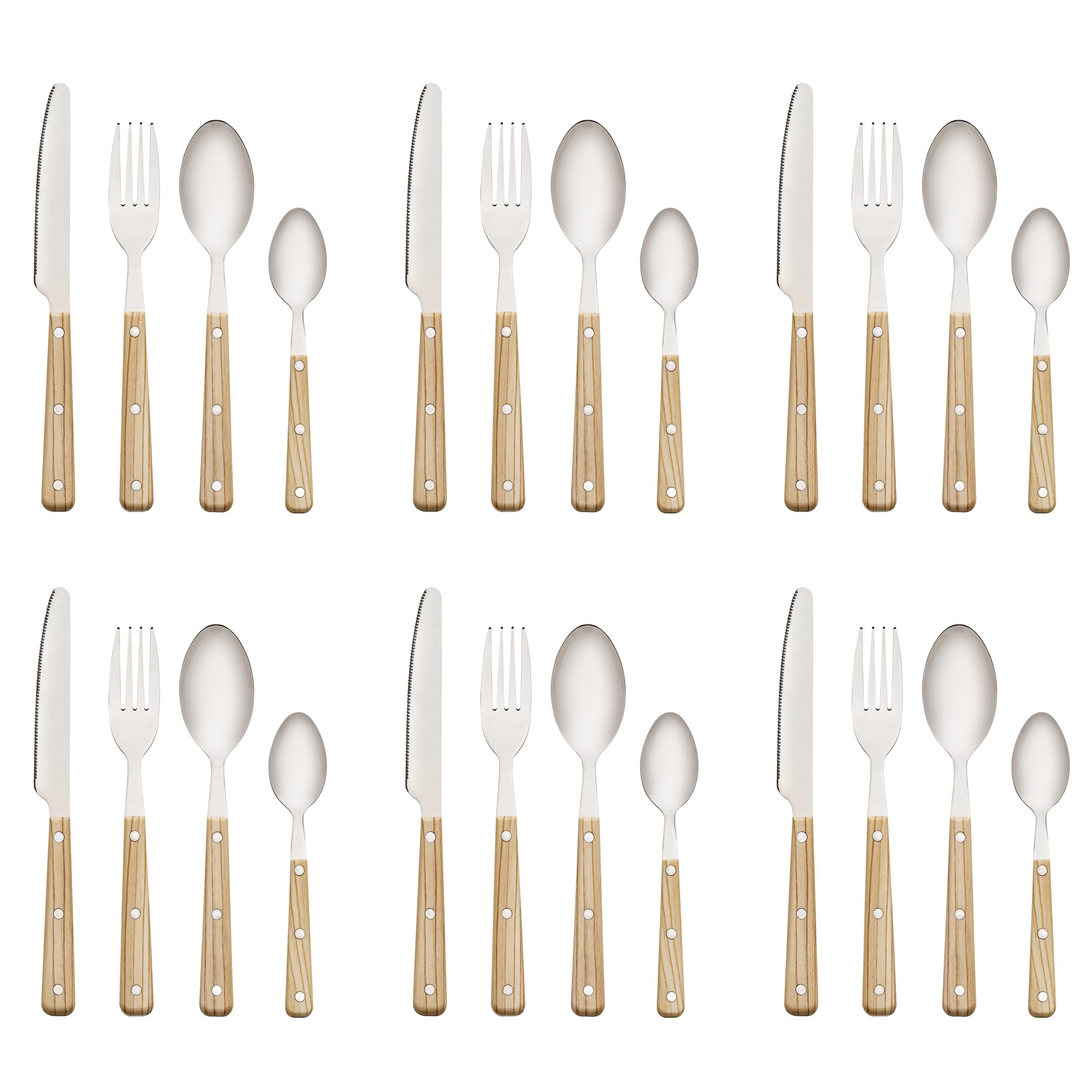 Baroni Home Juego de Cubiertos de Acero Inoxidable de 24 piezas con Mango de Madera de Resina para 6 Personas, Aptos para Lavavajillas, Tenedor, Cuchillo, Cuchara, Cucharilla, Cuchara de Postre