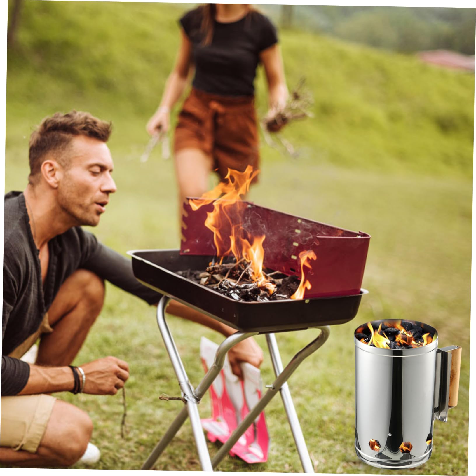 Happyyami Barile di Accensione Barbecue Rapido per Carbone in Ferro Zincato | 1 Pezzo, Manico in Legno Resistente al Calore, per Fornelli e Bracieri, Accensione Veloce e Uniforme