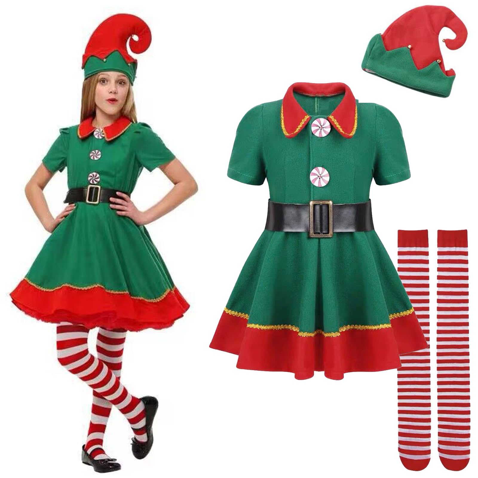 VUCATIN Christmas Elf Costume Dress for Girls, Toddler Baby Girls Kids Christmas Elf Dress up Costume, Santa's Helper Costume Xmas Cosplay Outfits with Hat Sock Belt