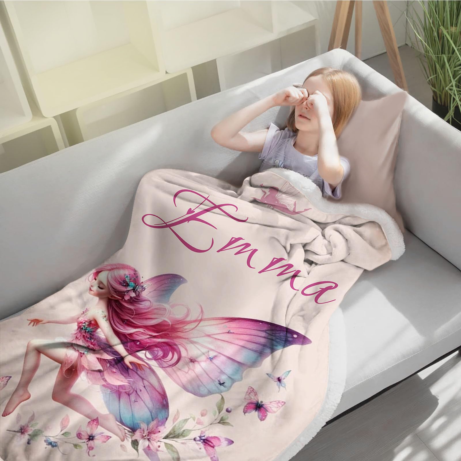 Manta personalizada con nombre, manta de franela con diseño de hada de los elfos con nombres, manta de franela con mariposas individuales, mullida y cálida (A, 150 x 200 cm)