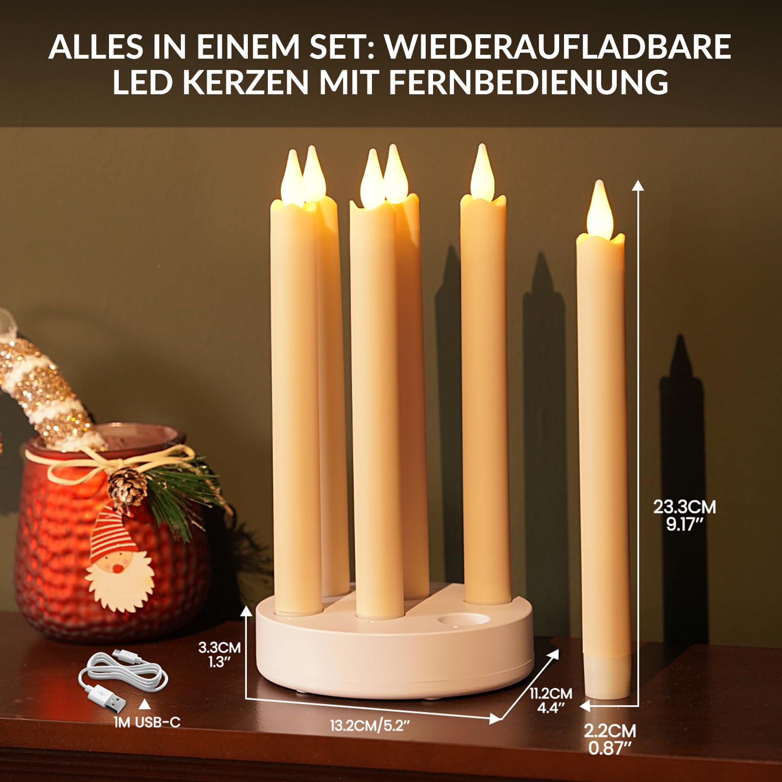 Wiederaufladbare LED Stabkerzen mit Fernbedienung und Ladestation, Stabkerzen LED Kerzen Aufladbar mit timerfunktion Flammenlose 3D Flamme für Weihnachten, Halloween, Zimmer Deko, Hochzeit, 6 Stück