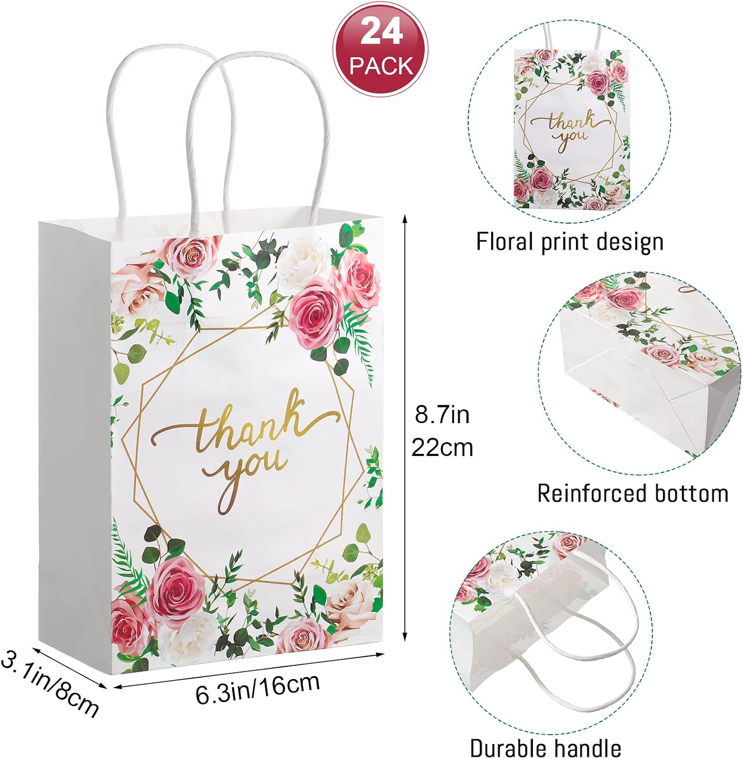 24 Pieces Floral Design Small Thank You Bags with Handles Baby Shower Favor Bags Thank You Favor Bags Wedding White Kraft Paper Bags with Tissue Paper for Party Return Favor 6.3 x 3.1 x 8.7 Inch image 3