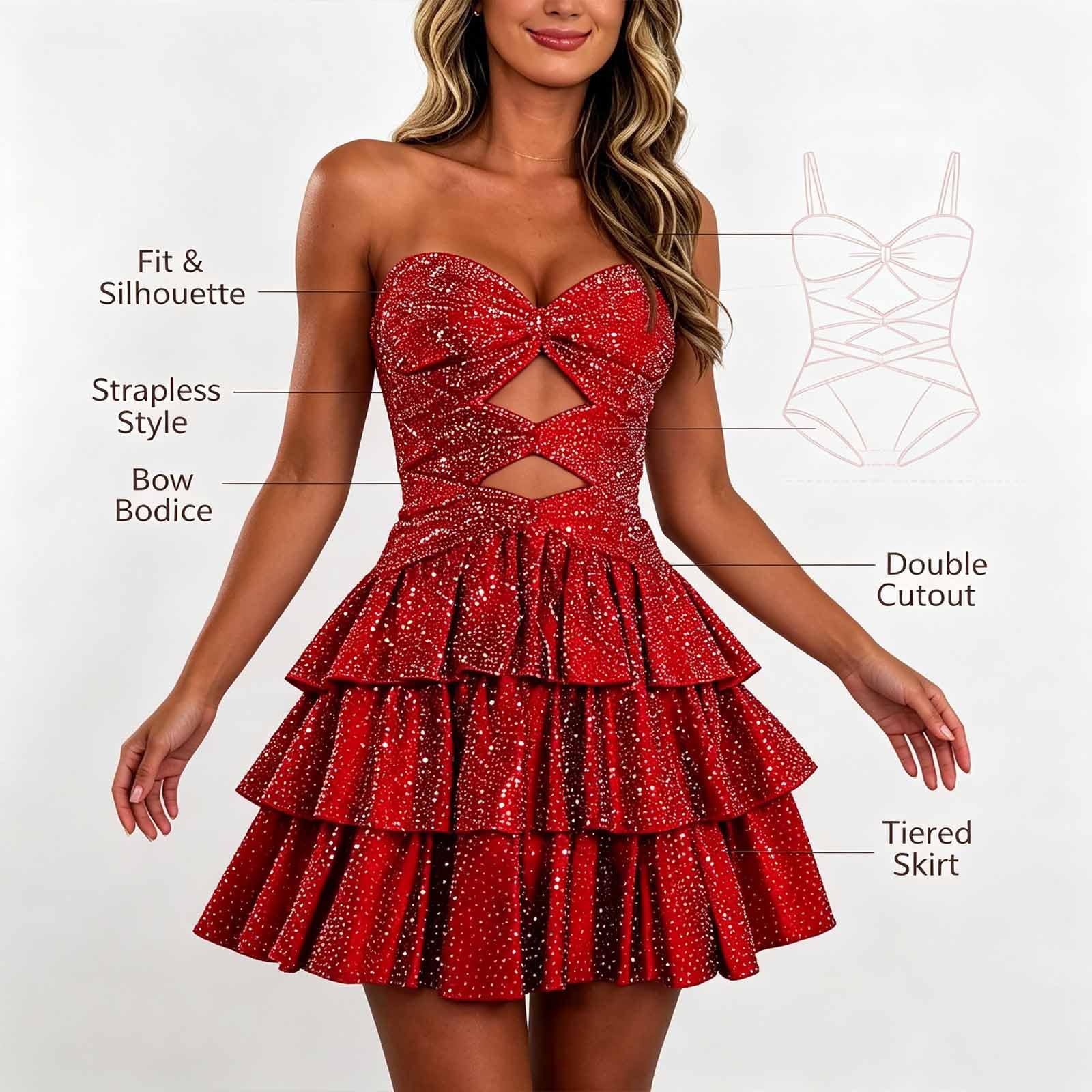 Vestito Breve Serata Glitter Satinato Scollatura Croce Taglio