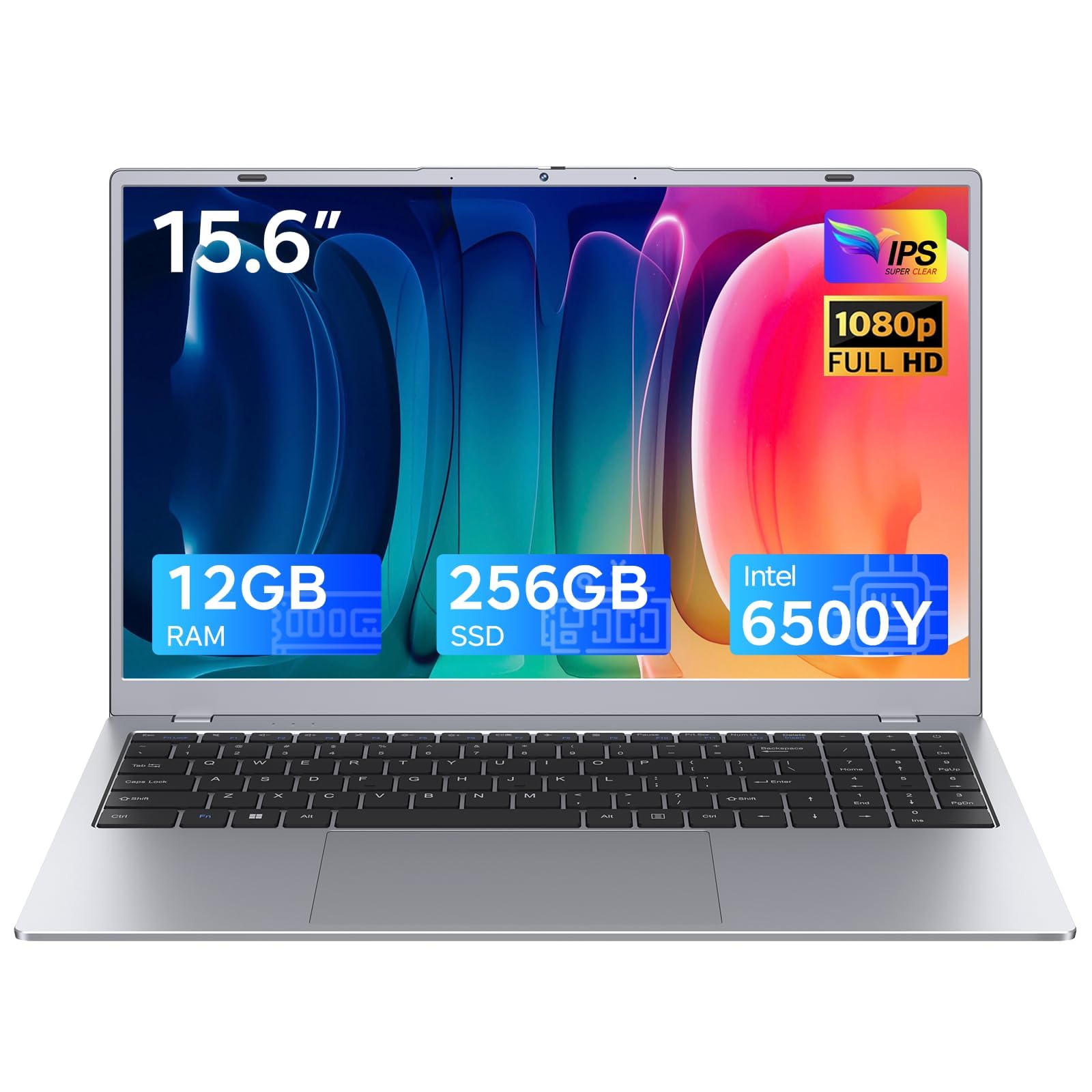 Computer portatile argento 2026, processore Pentium Gold 6500Y (fino a 3,4 GHz), 12 GB RAM 256 GB SSD, display FHD IPS da 15,6 pollici, batteria da 5000 mAh, tipo C, computer portatile per