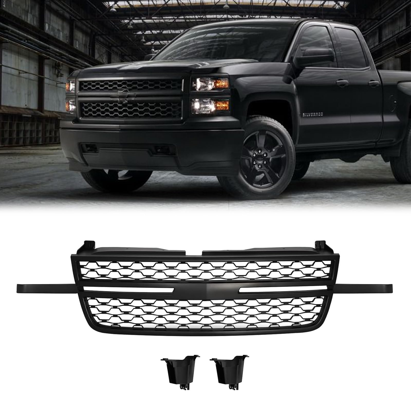 Front Grill Assembly Upper Grille Replacement Compatible With 2005-2007 Chevy Silverado 1500 1500HD 2500HD 3500, Replacement for 15276048