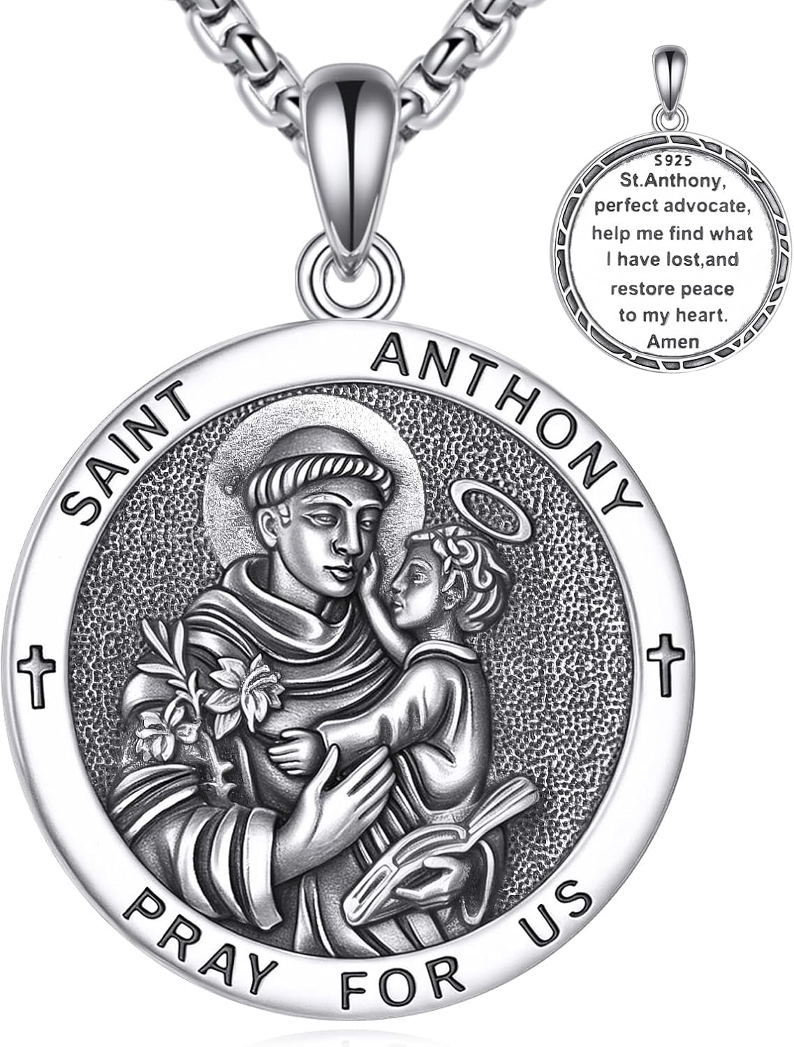 YFN 925 Sterling Silver Patron Saint Medal Necklace Amulet Pendant with 22+2 Inches Chain Protection Jewelry Gift for Men and Women(with Gift Box)