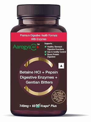 Aarogya360 Digestive Enzymes, Betaine HCl, Pepsin, Gentian Bitters, 60 Capsules, 80 grams