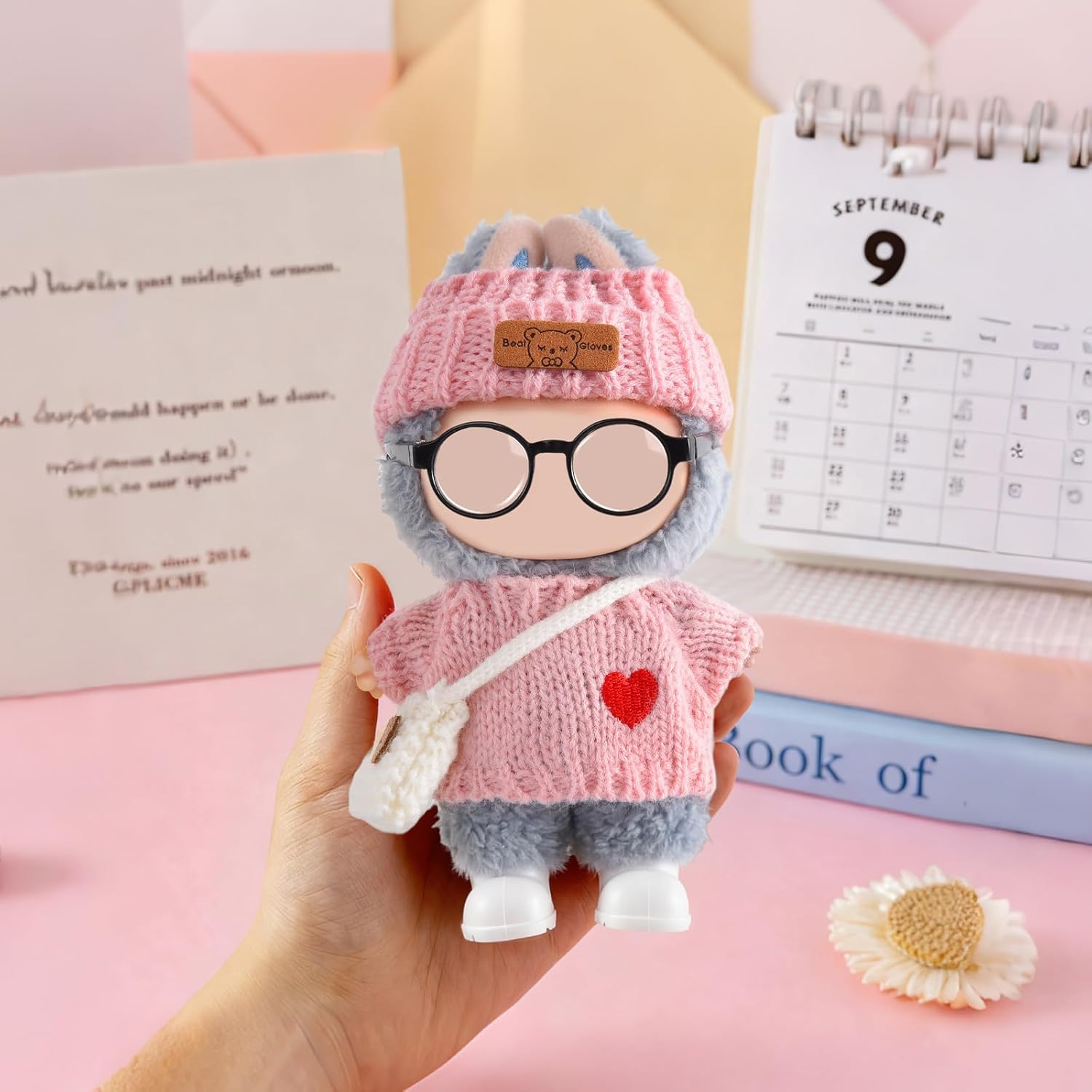 Doll Clothing for Labubu, Premium Outfits for Labubu Dressing up, Handcrafted Crochet Doll Accessories for Labubu with Sweater, Hat, Glasses, Small Bag, Boots(Pink)