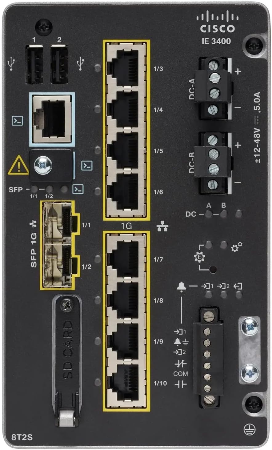 Front panel of Cisco IE-3400-8T2S-E switch showing various ports and indicators.