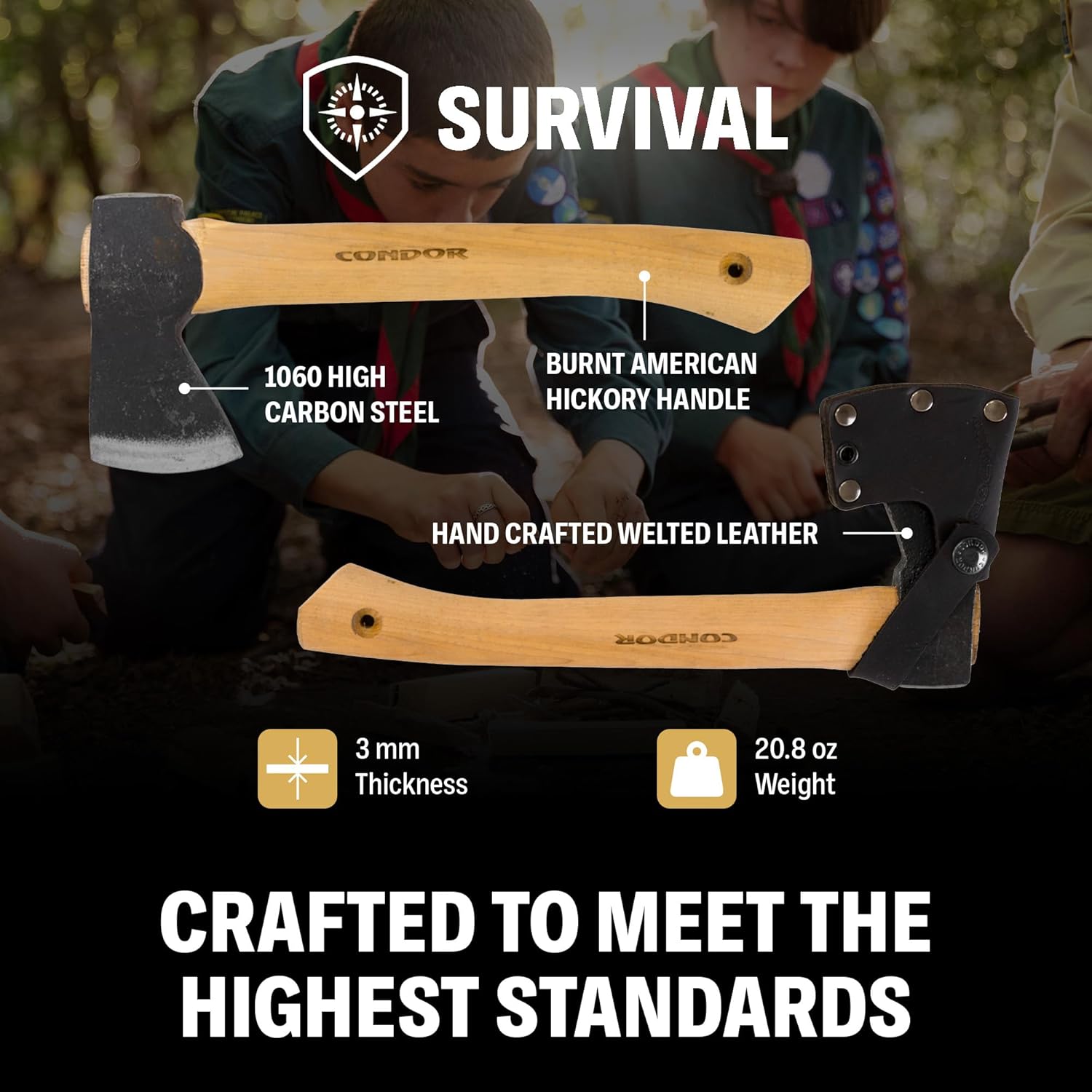 Condor Tool & Knife Scout Hatchet 1 Lb W/Leather Sheath - 1060 High-Carbon Steel Survival Hatchet with American Hickory Handle - Perfect for Camping, Survival, Firewood Splitting & Outdoor Crafting