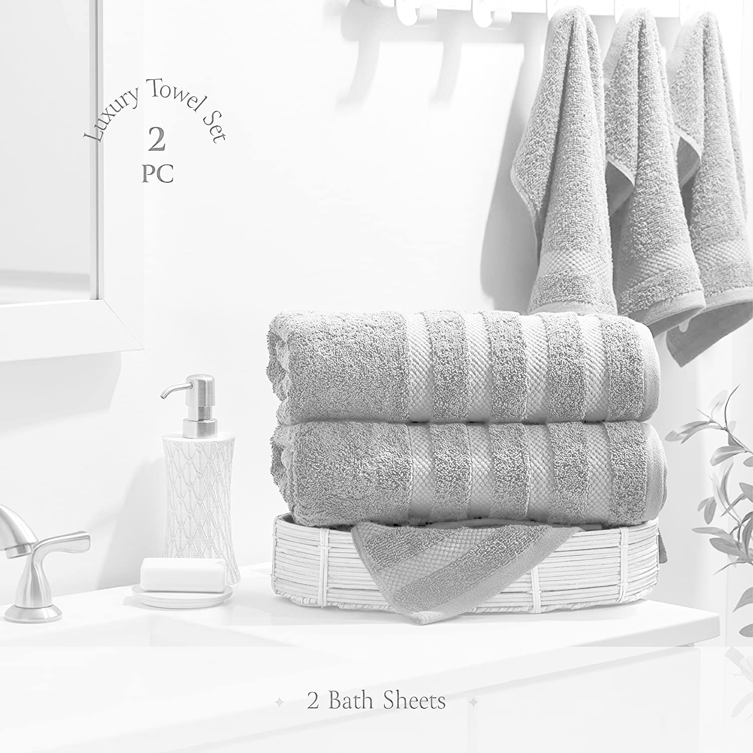 Confezione da 2 lenzuola extra large (100 x 200 cm-600 GSM) in puro cotone egiziano per bagno, spiaggia, piscina (argento, cotone)