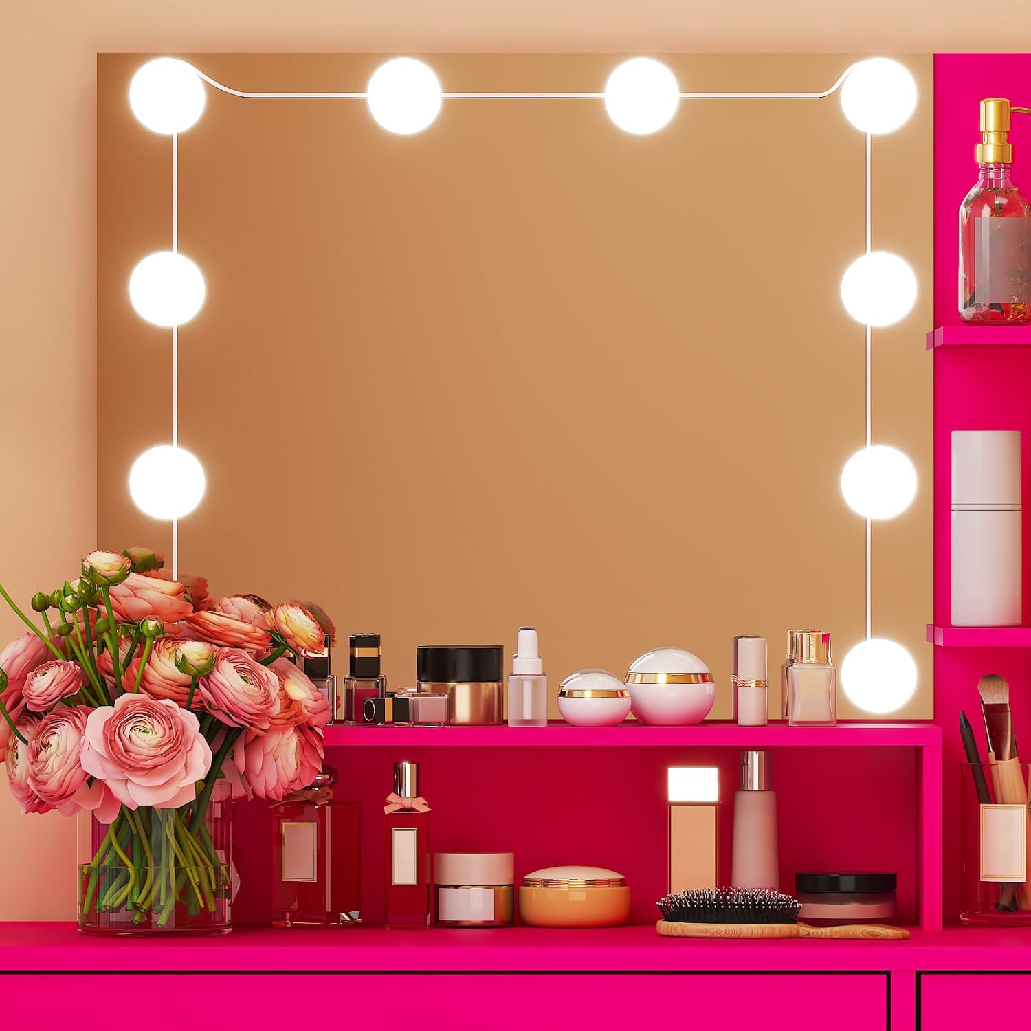 Karl home Vanity Set with 3-Mode LED Bulbs Modern Makeup Vanity Table with Storage Shelf, Drawer, Cabinet Dressing Table with Cushioned Stool for Women, Pink