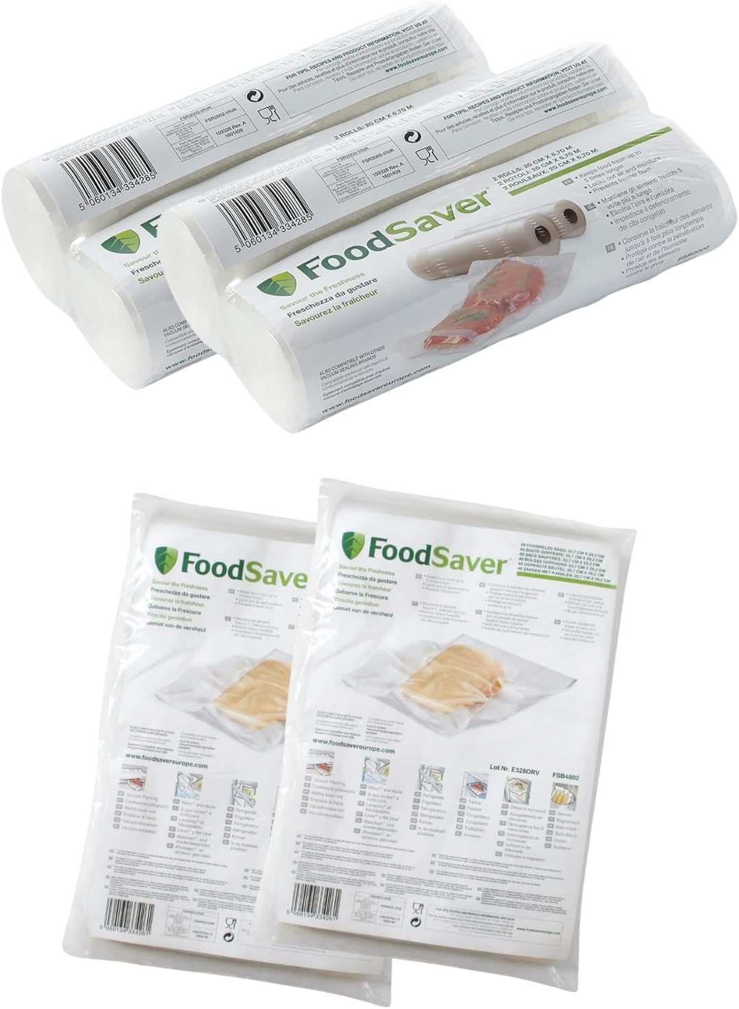 FoodSaver Kit of 4 Heat Sealable Rolls 20cm x 6.7m + 96 Bags 8" x 11.5" (2 x 48), BPA Free, Compatible with Vacuum Machines