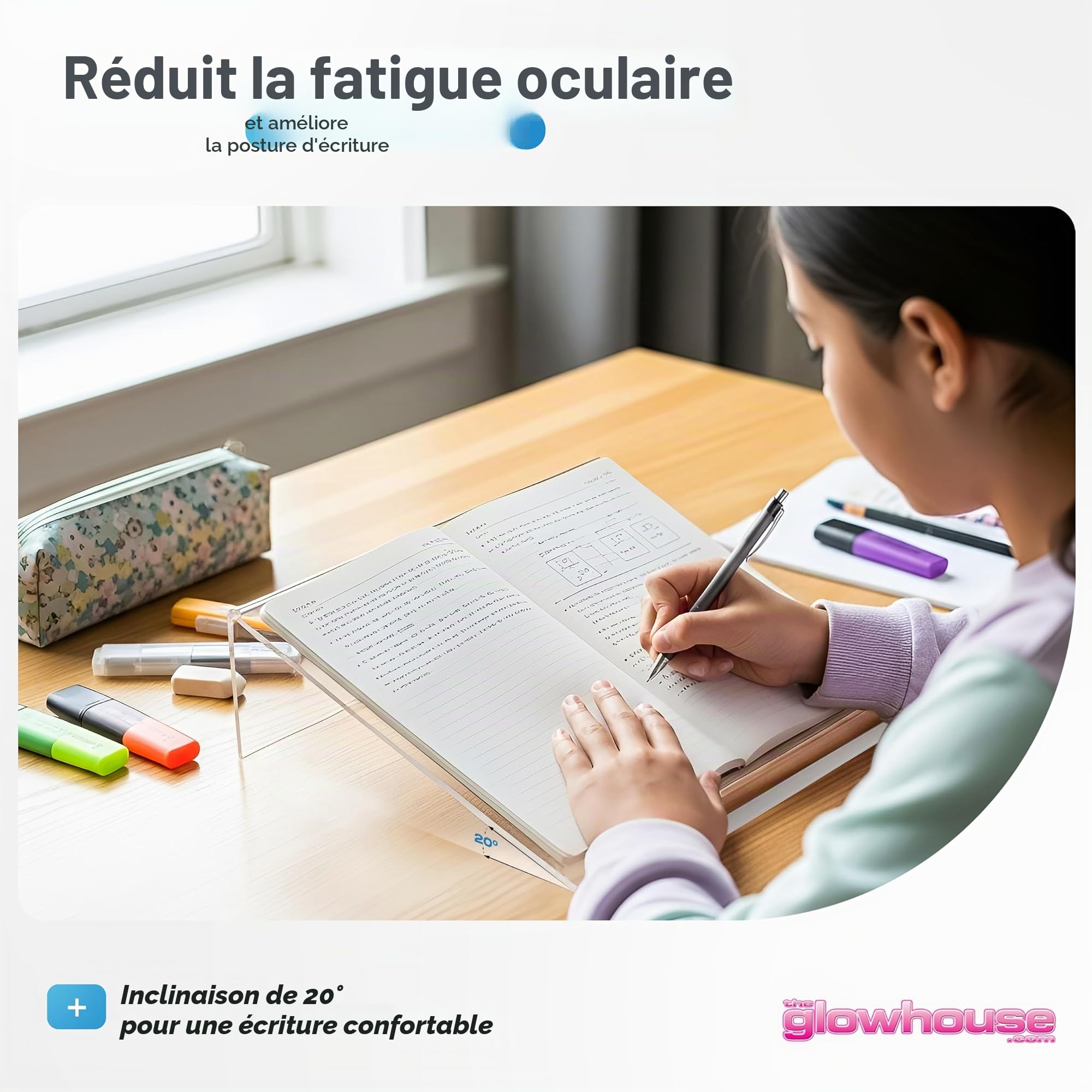 Support d'écriture incliné en acrylique transparent de qualité supérieure, ergonomique, antidérapant, extra large, angle de 20 degrés, améliore la posture d'écriture, avec porte-stylo