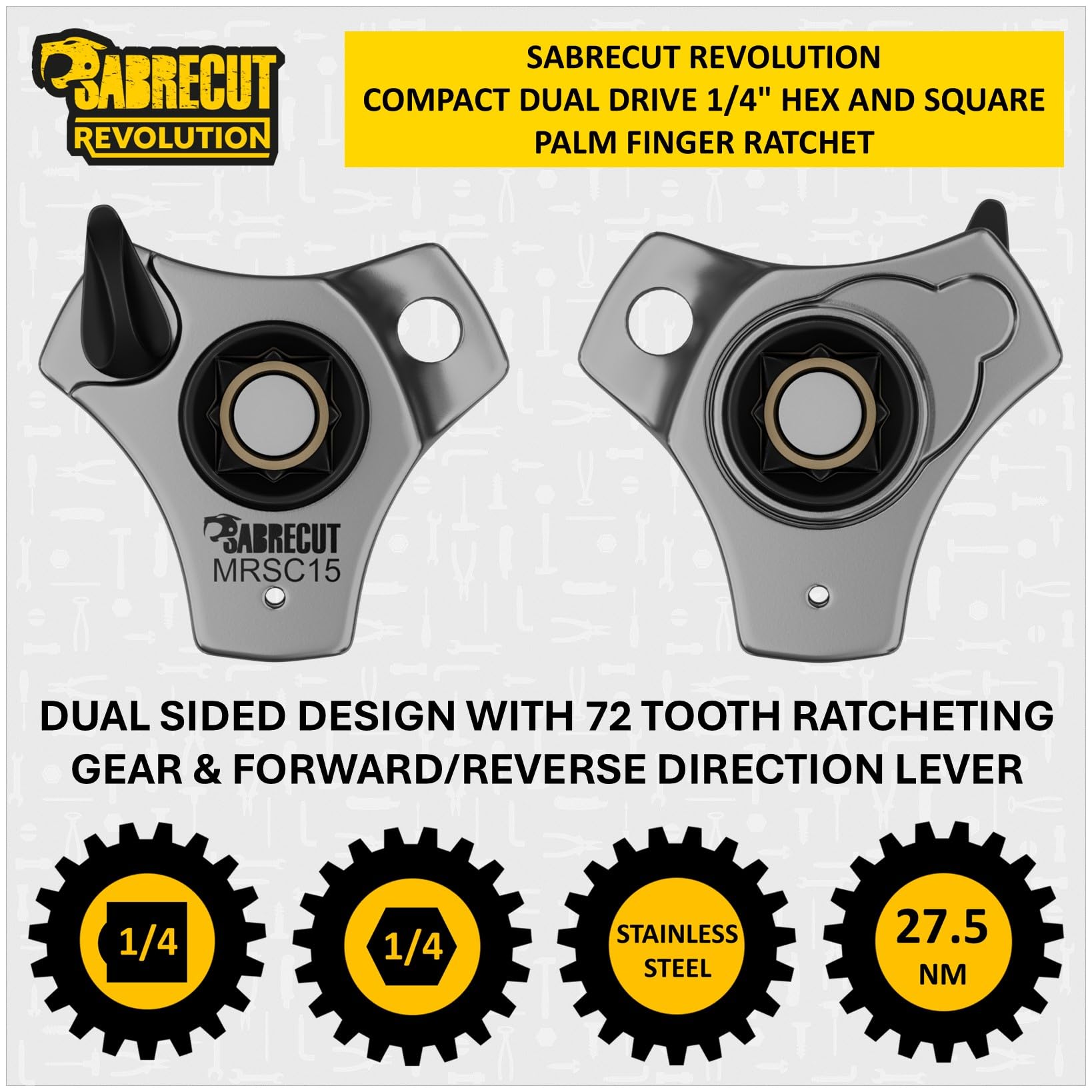 SabreCut 1 x MRSC15 Compact Dual Drive Palm Finger Ratchet, 1/4" Hex and Square Drive - Image 3