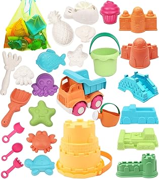 simplenice Beach Toy, 26Pcs Kids Beach Sand Toys Set, Eco-Friendly Sand Toy, Reusable Sandbox Toys for Kids, with Pail Car Animals Castle and Other Tools Kit