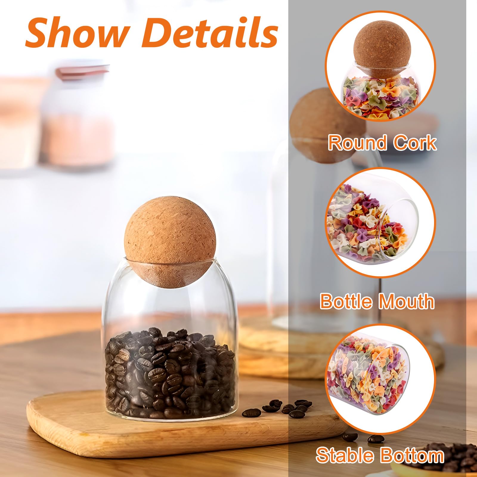 DAJAVE Juego de 4 tarros con bola de corcho, 1500 ml+1200 ml+800 ml+500 ml, cristal transparente apto para alimentos, tarros con tapa para café, especias, azúcar, café, galletas