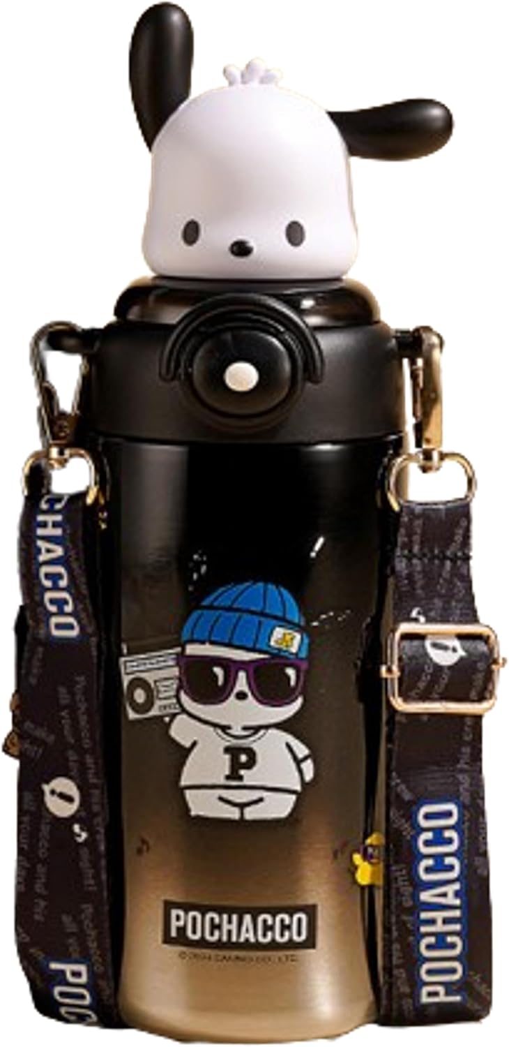 Pochacco Black Stainless Steel Insulated Water Bottle (Straw) with Strap 600ml