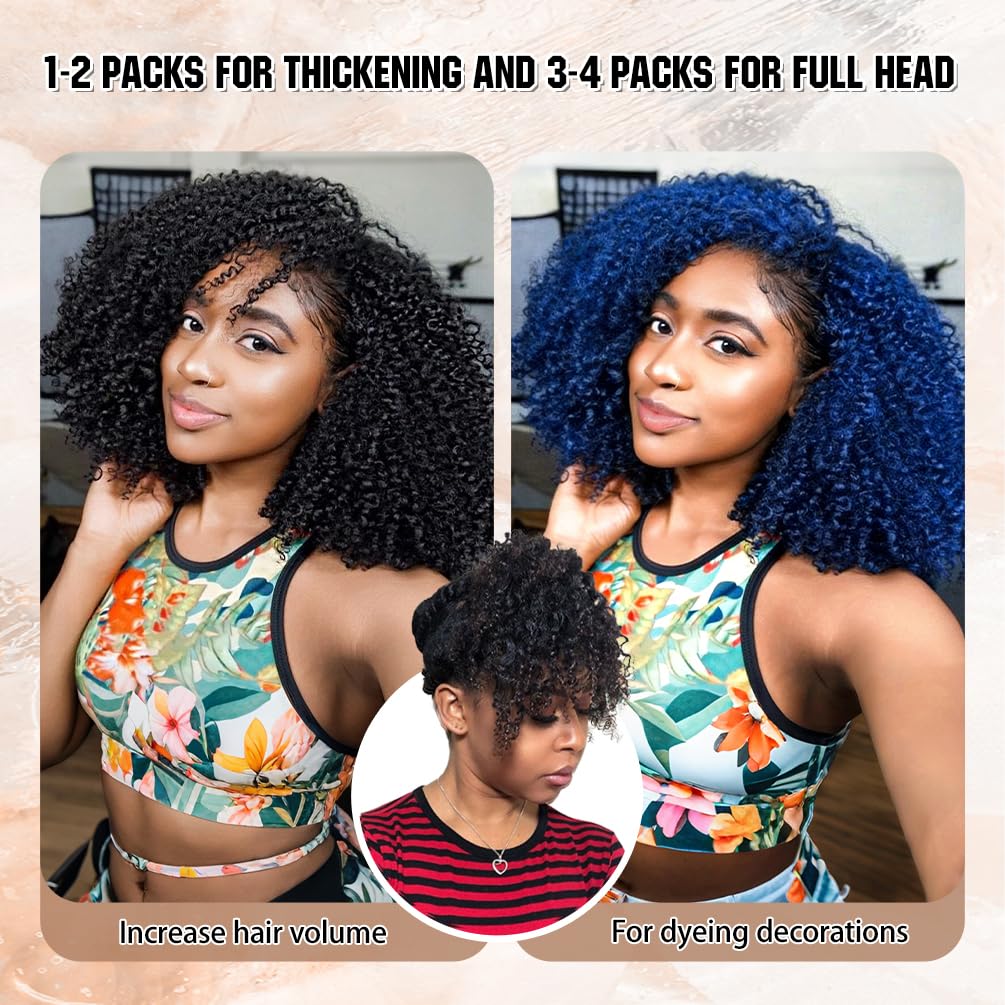 4Pcs Colored Afro Kinky Curly Clip in Hair Extensions Real Human Hair, 12 Inch 60g Blue, Lace Invisible Seamless & Thicken, 4B 4C Remy Clip Ins for Women