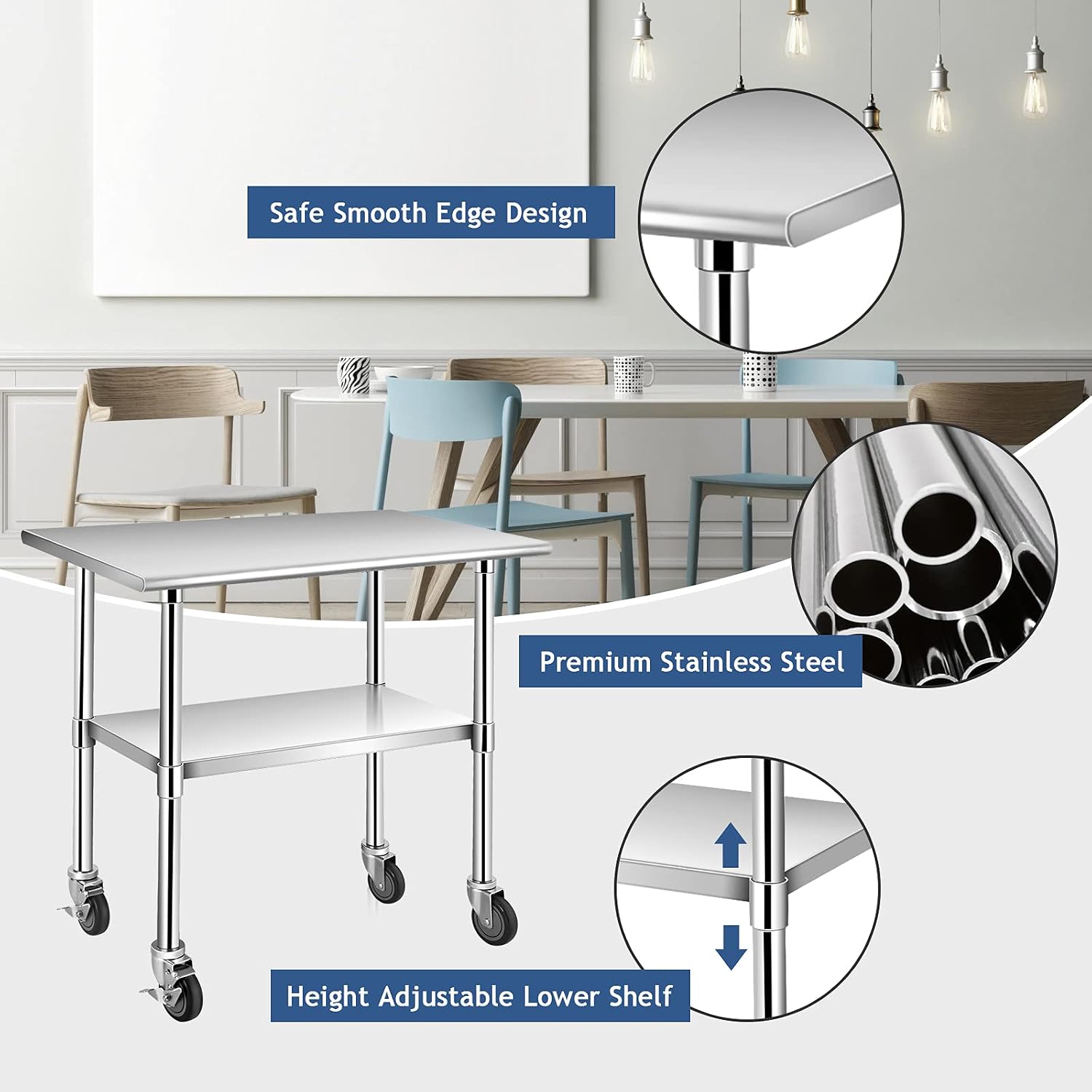 WATERJOY 36" x 24"Stainless Steel Table for Prep & Work Commercial Heavy Duty Kitchen Table with Adjustable Shelf and Wheels Installable(with Wheel)