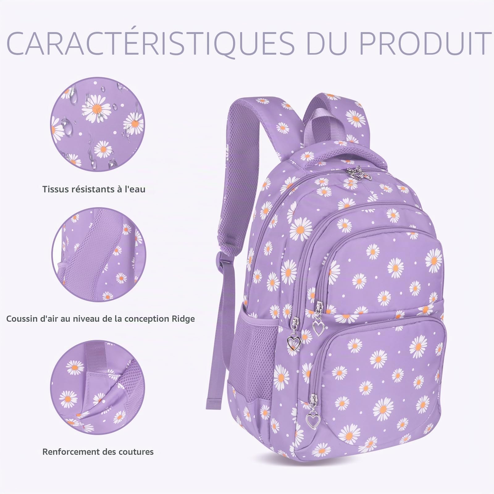 Ensemble de sac à dos d'école imprimé marguerite 3 pièces résistant à l'eau léger pour adolescents filles garçons