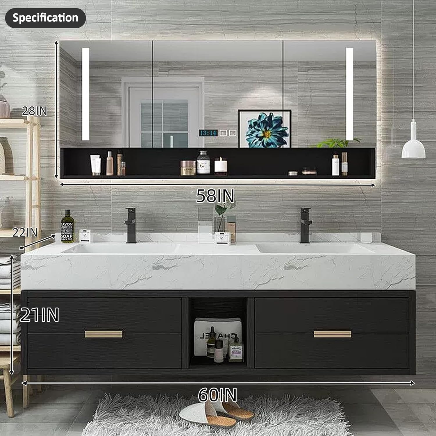Bathroom Vanity with Double Sink - 60IN Bathroom Vanity with One - Button Defogging & Human Body Sensor Light | 4 Drawers & LED Light & Black