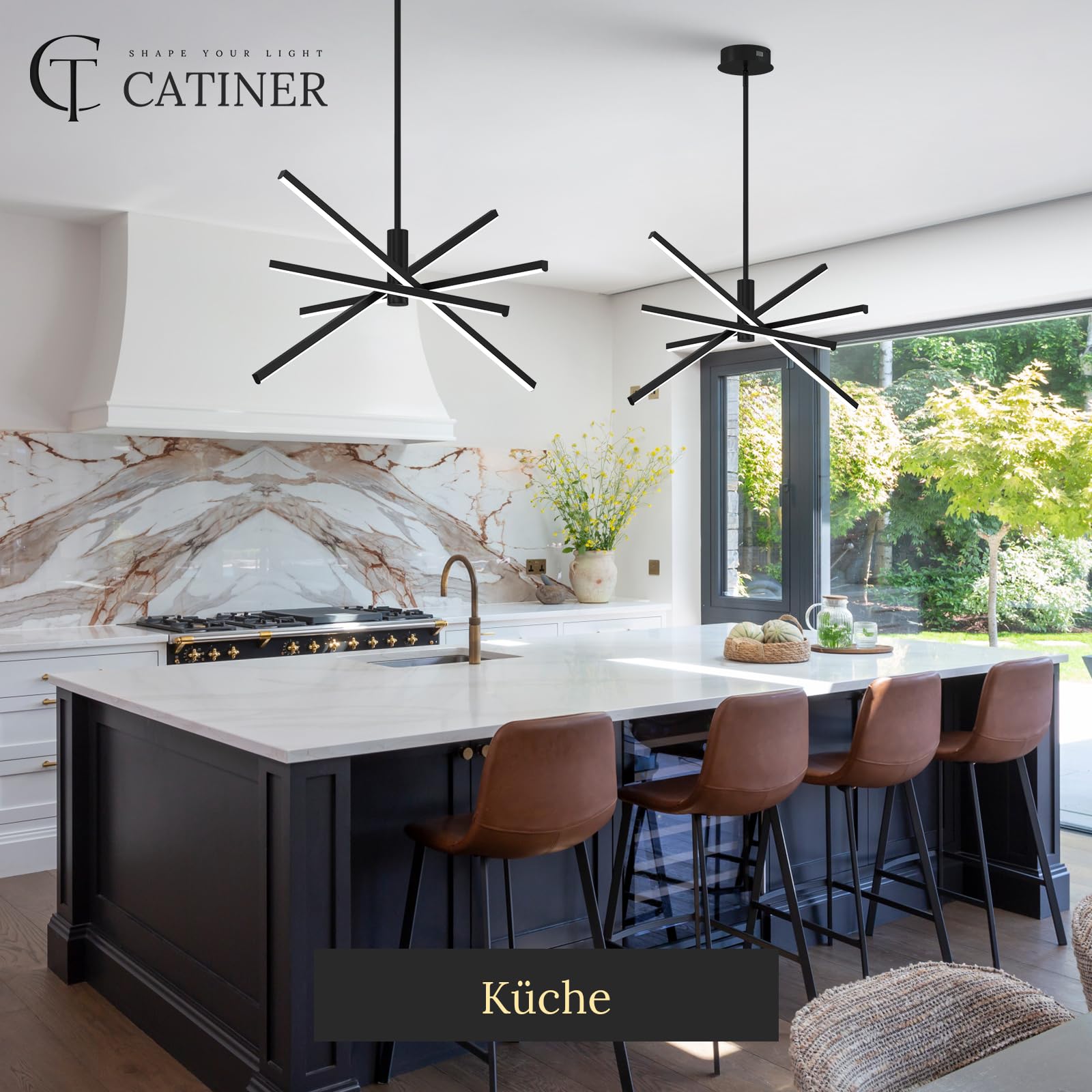 CATINER Moderner LED Hängeleuchte Schwarz 4-flammige Esszimmer Pendelleuchten LED Sputnik Kronleuchter Dimmbar mit Fernbedienung für Wohnzimmer Schlafzimmer Küche Eingangsbereich，70 cm 25W