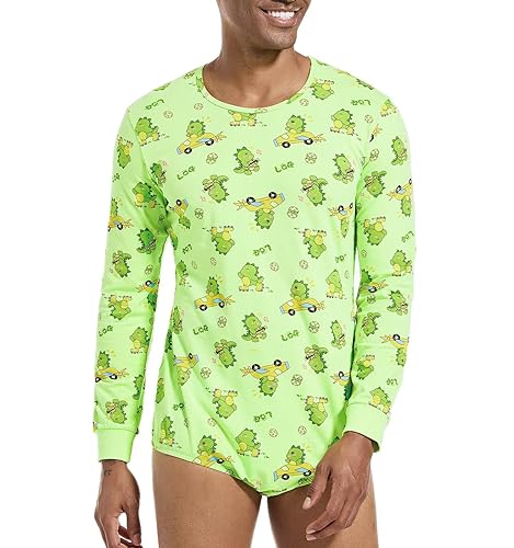 Landofgenie Mens Long Sleeve Onesie Cotton Romper Pajama One Piece Bodysuit Print Jumpsuit - Green - Large