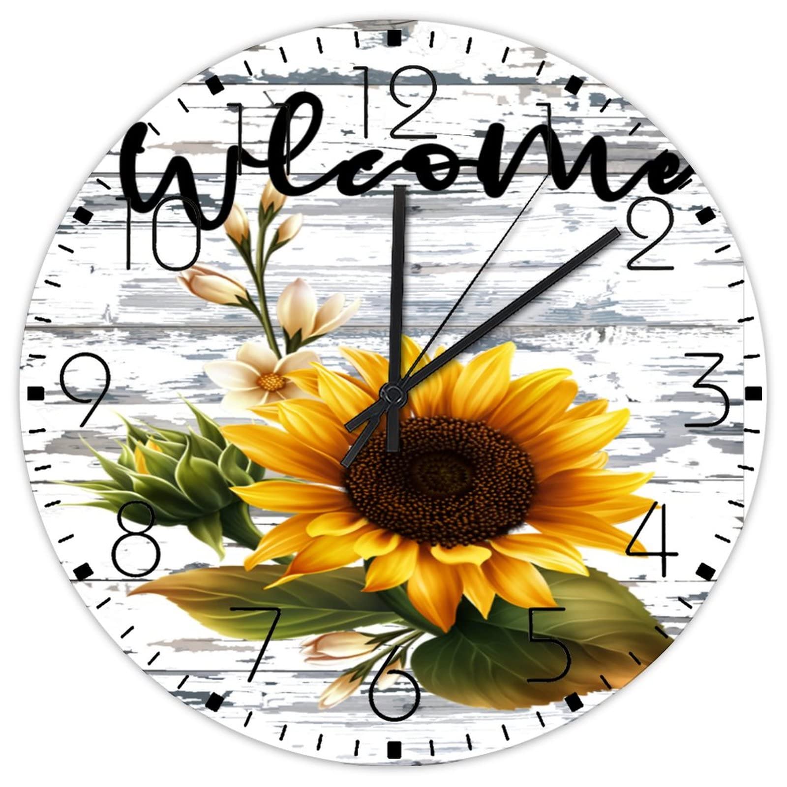 10x10 Inch Stille Klok Muur Hello Sunshine Zonnebloem Muur Decor voor Garage Retro Wandklokken Dubbelzijdige Ronde Houten Wandklok Vintage voor Gym