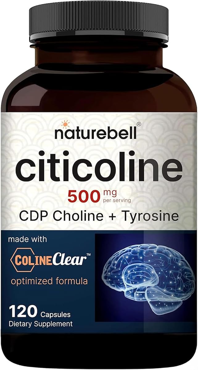 NatureBell Citicoline 500mg - 120 Capsules - Brain Function Support for Adults - Memory & Focus Aid with CDP Choline & Tyrosine - Fast-Absorbing Formula* - Non-GMO & Gluten-Free