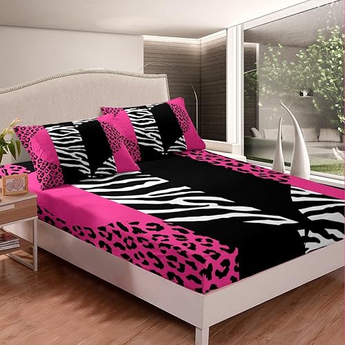 Miniatura 9 de Sábana bajera ajustable de piel de cebra rosa, tamaño Queen, juego de ropa de cama de vida silvestre África con bolsillo profundo, 3 piezas para