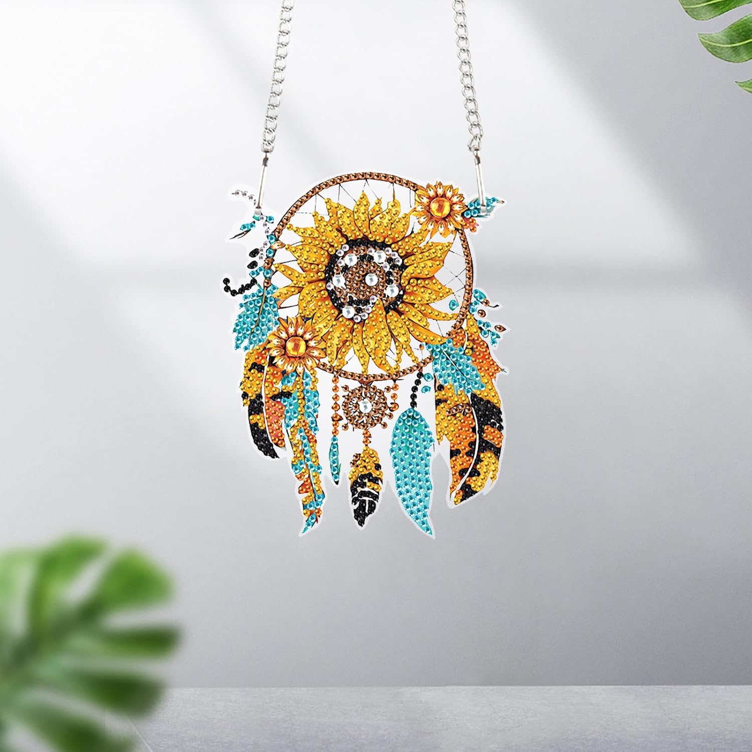 AiYuanzsh Sunflower Dream Catcher Diamond Painting Kit Ornament with Hanging Chain DIY Diamond Art Hanging Pendant Paint by Number Stained Glass Wall Art for Adults Home Wall Decor Gift image 2