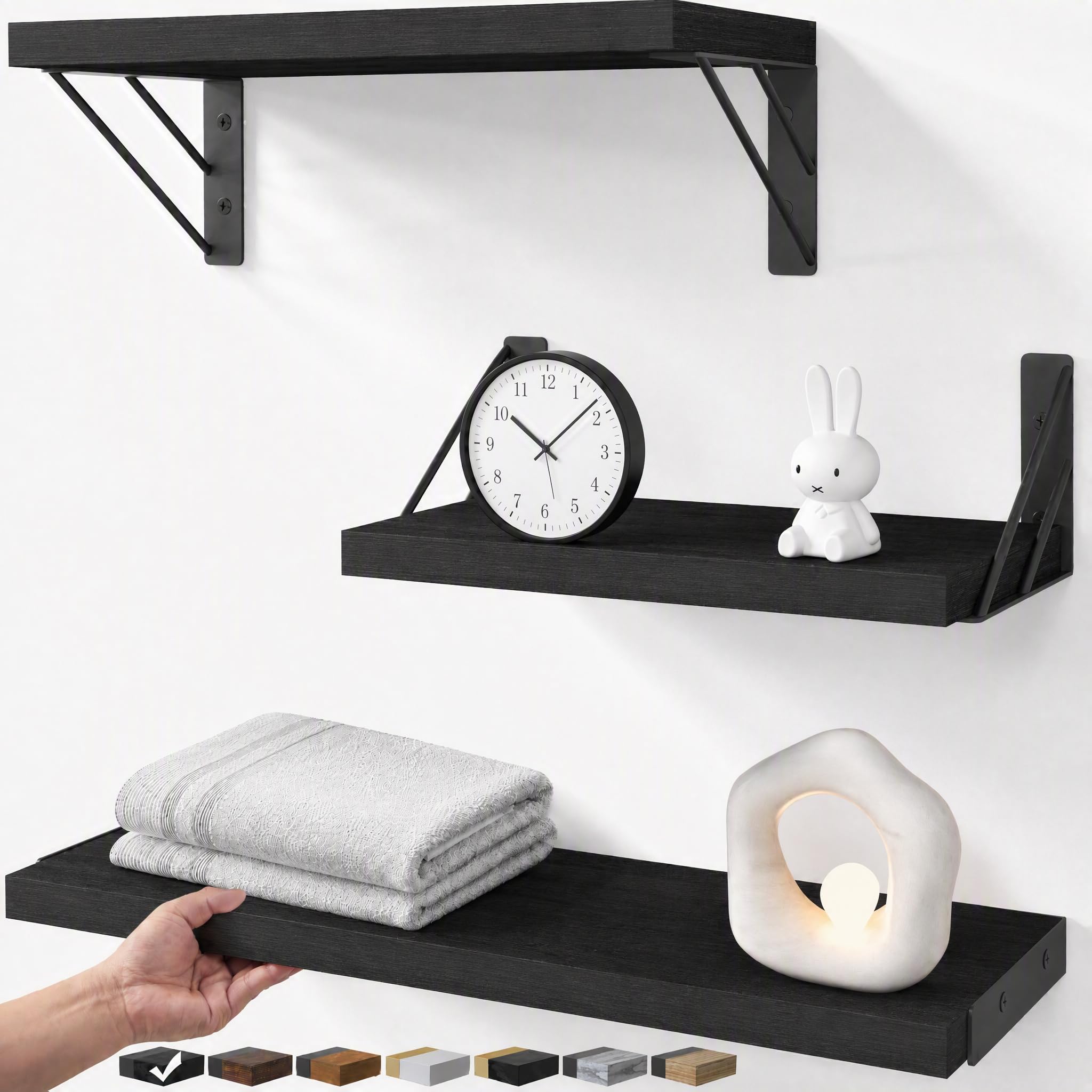 BAYKA Wall Mounted Floating Bathroom Shelves, Black, 3-Pack, 16in | Wood Floating Wall Shelf for Bathroom Essentials & Decor, Small Space-Saving Display & Organizer