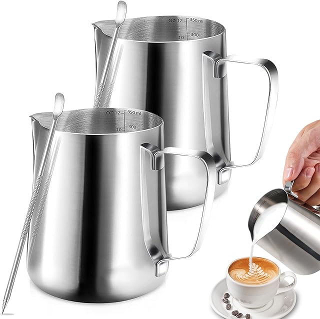 Dzbanek do mleka ze stali nierdzewnej, 2 sztuki 350 ml Dzbanek do Spieniania Mleka, latte dekorowanie pióro artystyczne, Dzbanek na Mleko z Miarką dla Baristy, Espresso, Latte Art