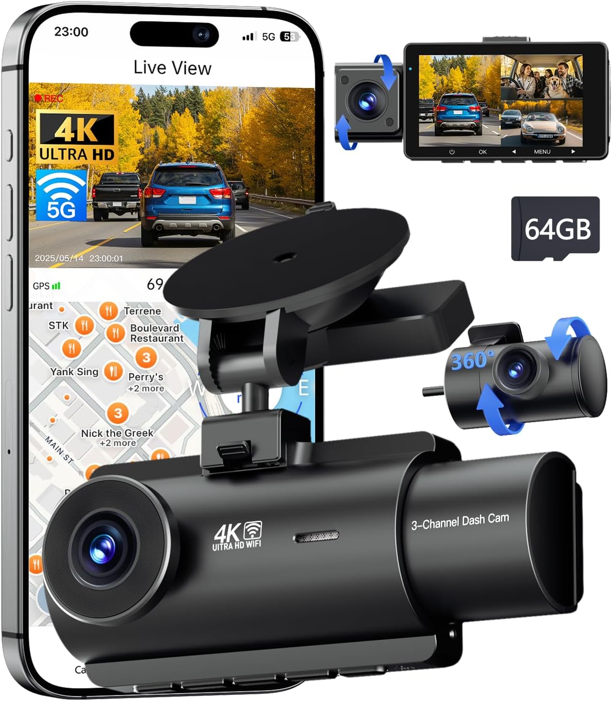 QCONTROL® 4K 5G WiFi 3 Channel Dash Cam Front and Rear Inside, 4K+1080P+1080P Dash Camera for Cars, GPS Dashcam, Car Camera with 3-Inch Screen, IR Night Vision, 24Hr Parking Mode, G-Sensor, 64GB Card QCONTROL® 4K 5G WiFi 3 Channel Dash Cam Front and Rear Inside, 4K+1080P+1080P Dash Camera for Cars, GPS Dashcam, Car Camera with 3-Inch Screen, IR Night Vision, 24Hr Parking Mode, G-Sensor, 64GB Card