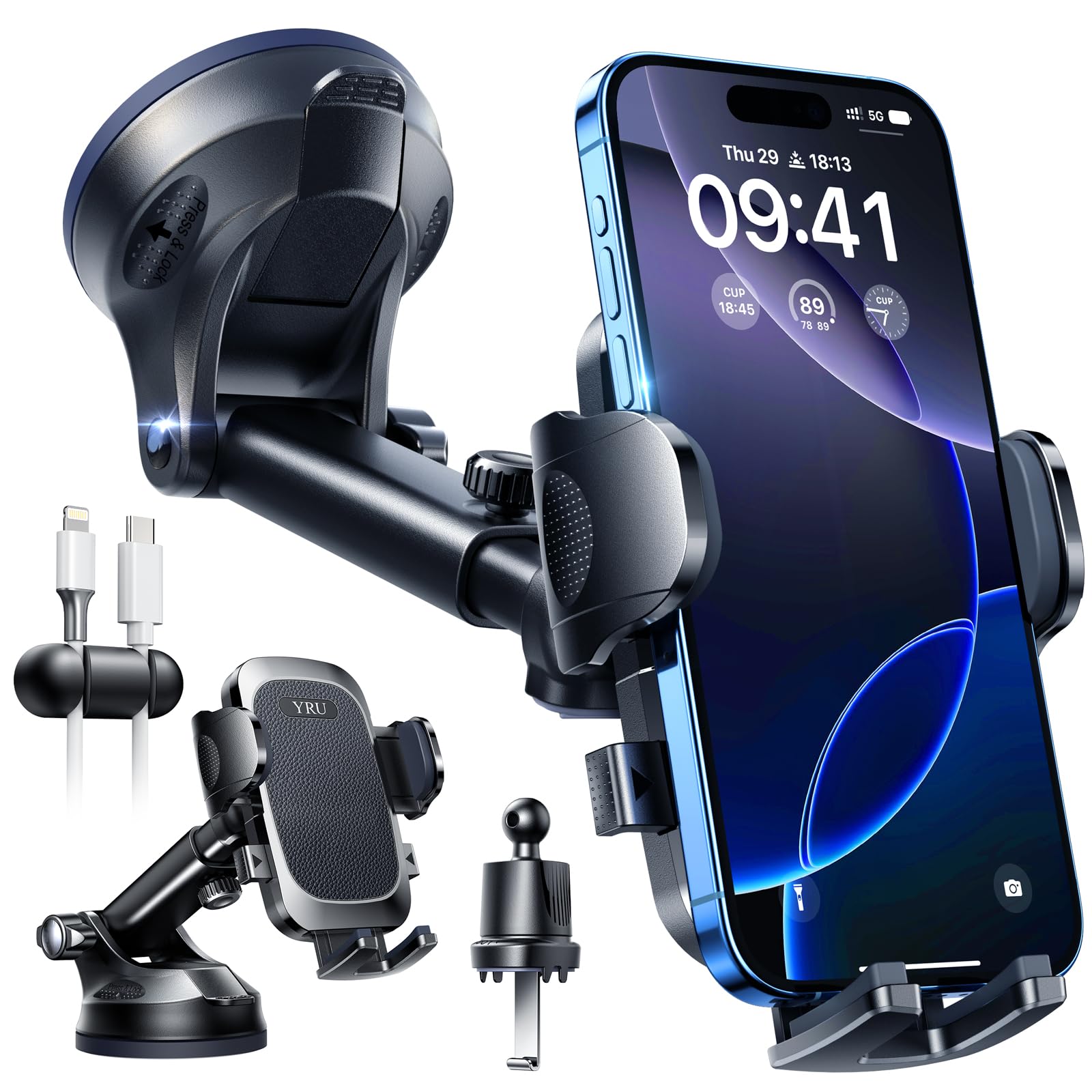 YRU [True Military-Grade & 360° Rotatable Suction 2026 Ultimate Car Phone Holder Mount【90+LBS Safest Strongest & Patent Certs】 Dashboard Windscreen Vent for iPhone 17 16 Pro Max Samsung, Pure Black