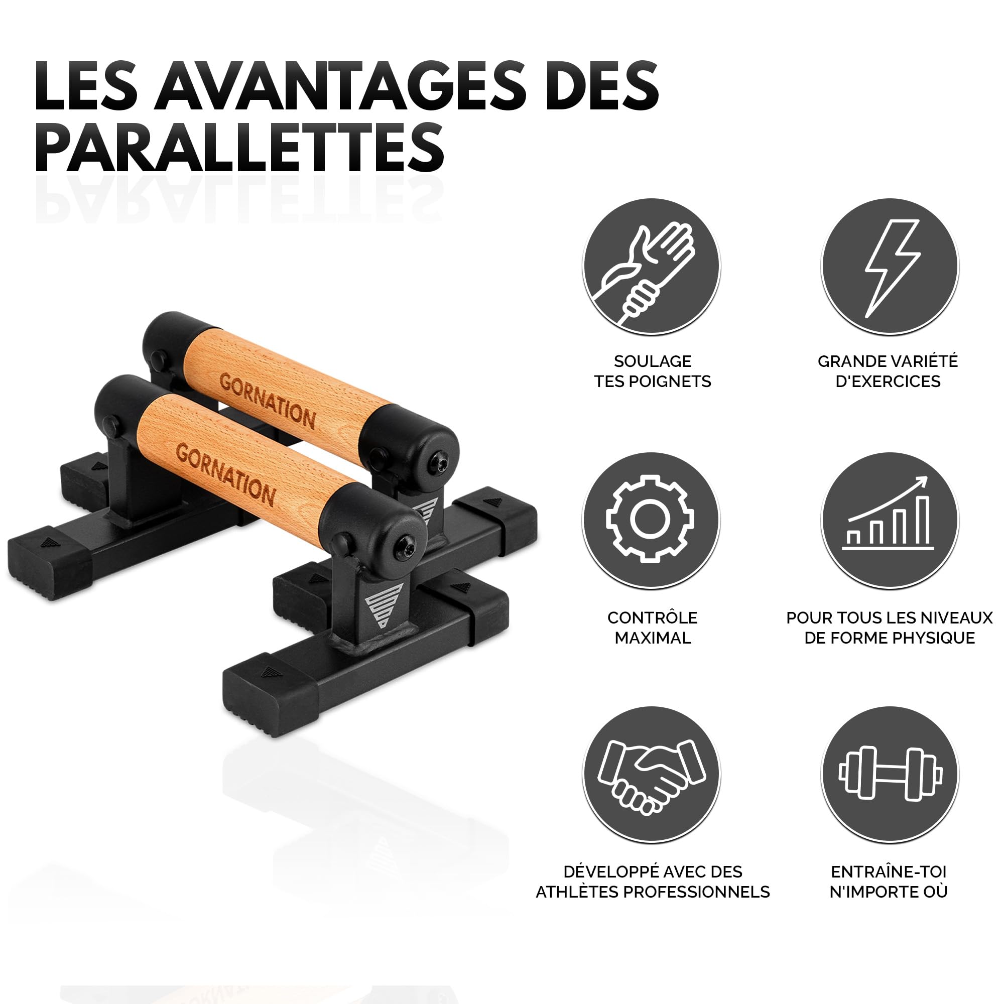 GORNATION Parallettes pour Calisthenics, Barres Parallèles de Street Workout pour Equilibres, Pompes et plus, Poignées de Pompes Antidérapantes en Bois pour Fitness, Accessoire Musculation