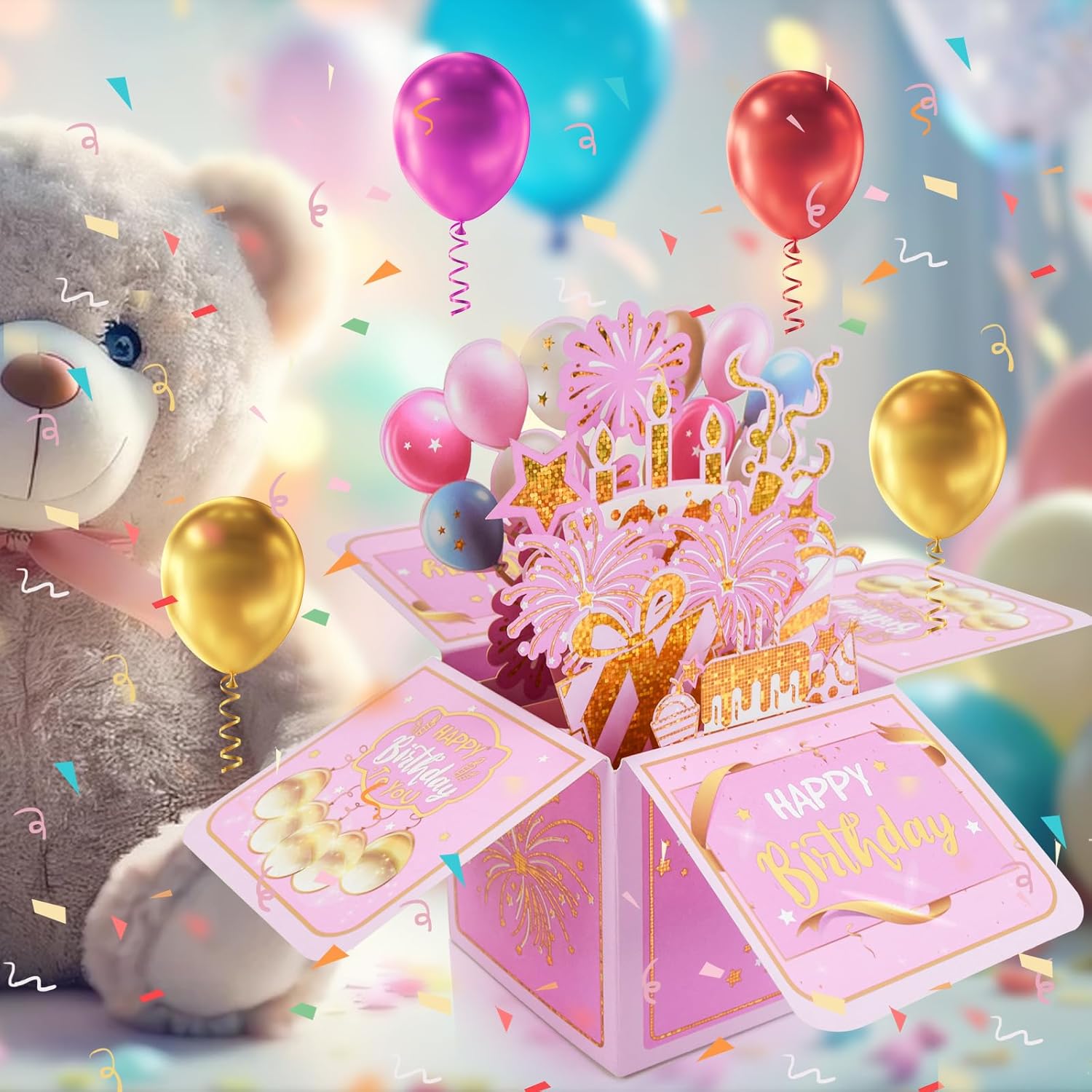 Surprise Pop Up Happy Birthday Cards, Lovely 3D Birthday Card for Adults and Kids with Envelopes, Unique Design Handmade Foldable Greeting Cards for Daughter, Son, Mom, Dad, Friend（Pink） - Image 8