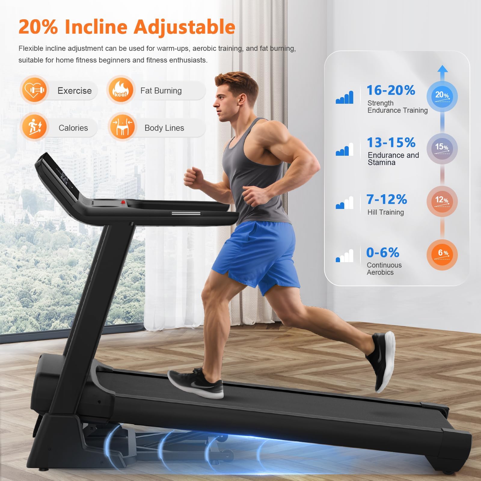 Laufband für Zuhause, 7HP Laufband Klappbar mit 20% Steigung, 1km/h- 20km/h, App Kompatibles, Belastung 200KG, LCD Display, Pulssensor, Große Lauffläche, Shortcut Konsole