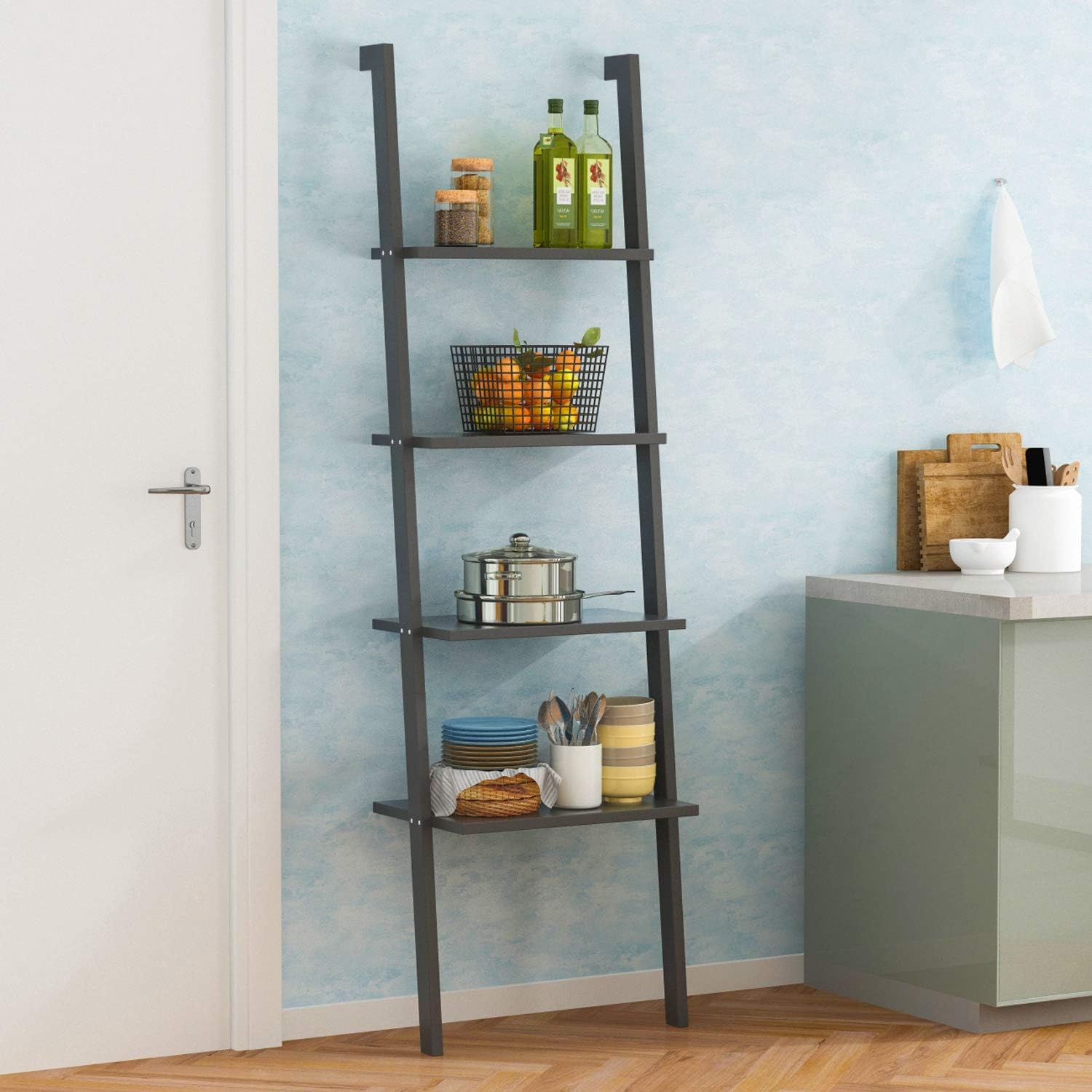Ladder Shelf Bookshelf 4 Tier, White Wood Leaning Shelf Against The Wall, Living Room Bedroom Display Black (13.2”L x 12.2”W x 63”H)