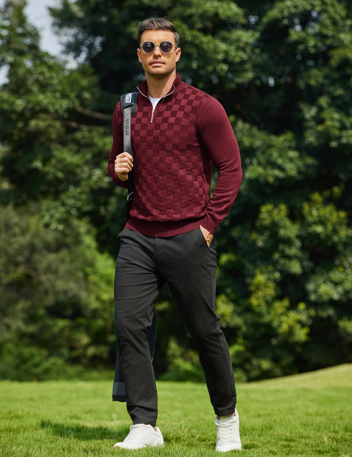 COOFANDY Quarter Zip Pullover Men Dress Sweaters Long Sleeve Jacquard Checkered Sweater