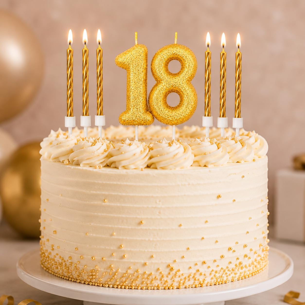 18th Birthday Gold Candle Kit, Glitter Number 18 Candle with 12 Metallic Spiral Cake Candles and Holders, Birthday Cake Decorations, Pack of 13