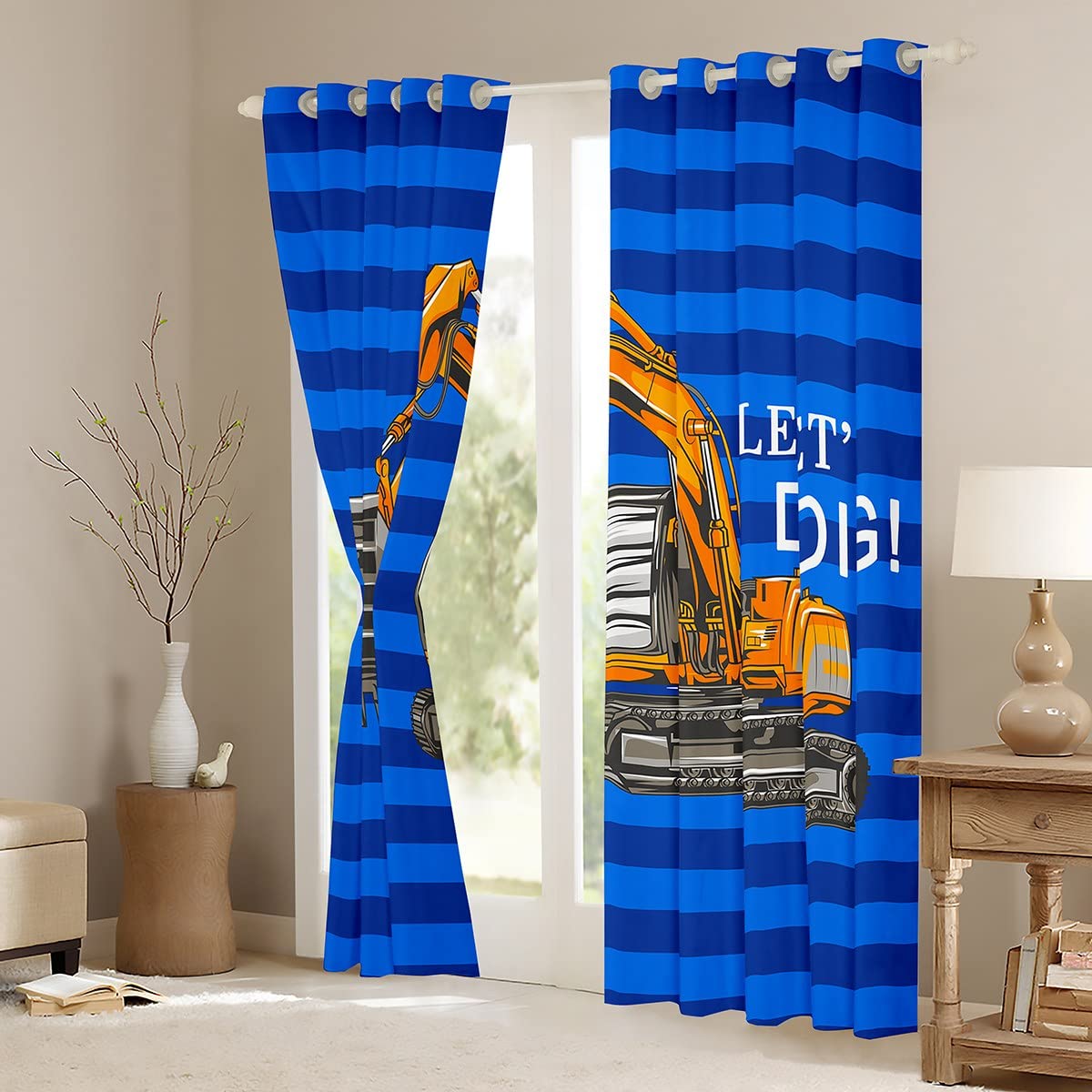 Excavadora para niños, Cortinas de construcción, Camiones, Cortinas de Ventana, Rayas Azul Oscuro, Naranja, Coches, Cortinas de Ventana para Dormitorio, Sala de Estar, maquinaria Pesada, tratamientos