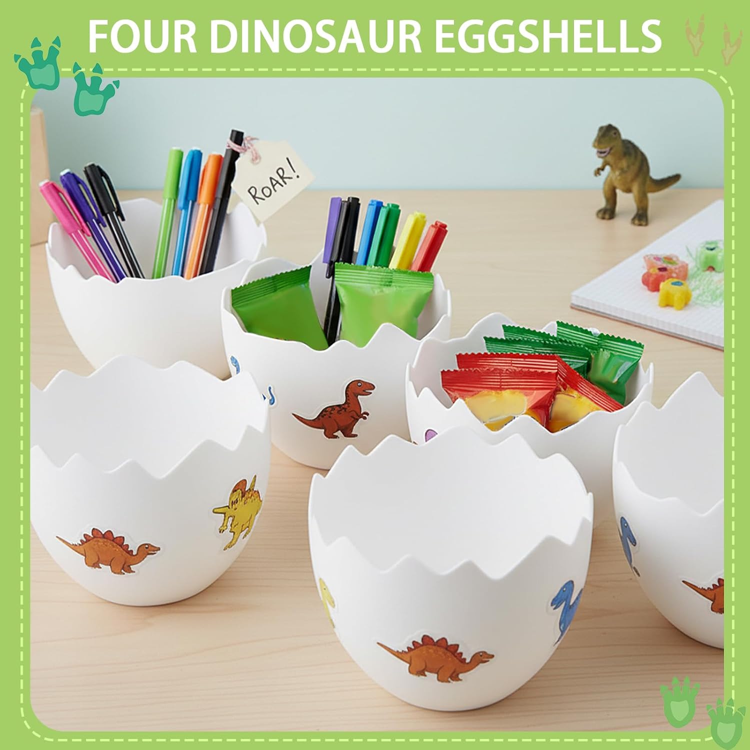 AceOrbit Dinosaur Themed Party Decorations Easter Table Centerpiece 4 Plastic Egg Shape Vases Treat Boxes Snack Trays for Adult Dinosaur Birthday Themed Party Supplies