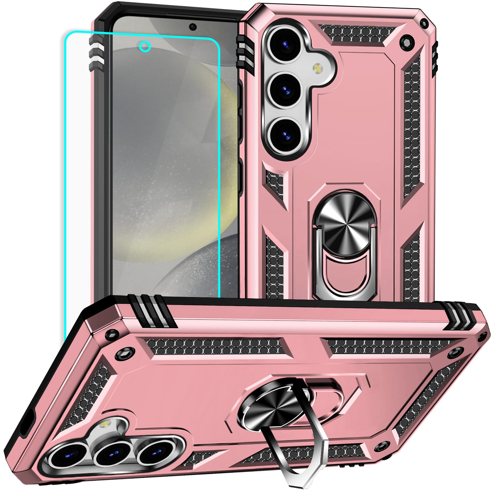 Yiakeng for Samsung Galaxy S25 Case: with Screen Protector - Military Grade Protective Cases with Finger Ring Holder Kickstand for Samsung S25(Rose Gold)