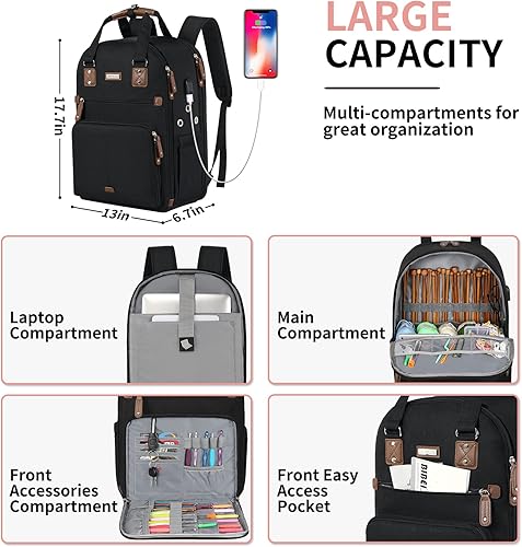 Vista 5 de Bolsa de ganchillo, mochila de tejido y organizador de bolsas con puerto de carga USB, bolsa grande de almacenamiento de hilo Negro