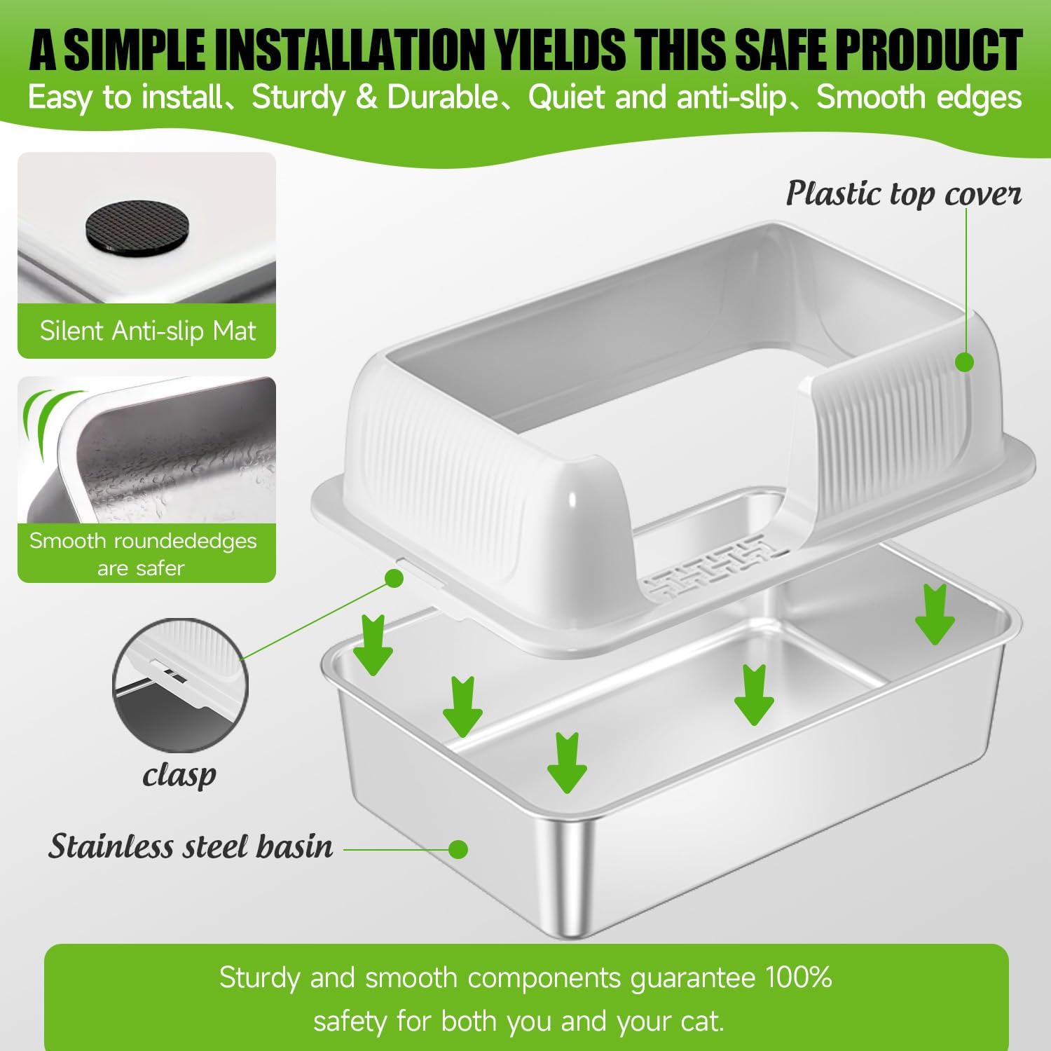 Cat Litter Box, Large, Stainless Steel, for Small Pets, White