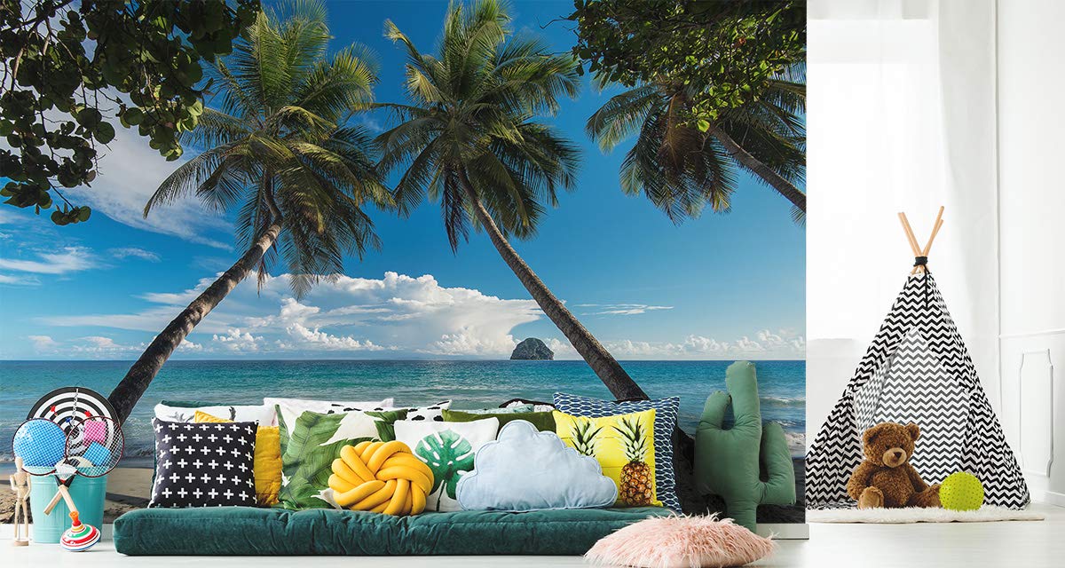 Muralo 124471791 - Carta da parati con palme in vinile, colore: Blu mare soleggiato